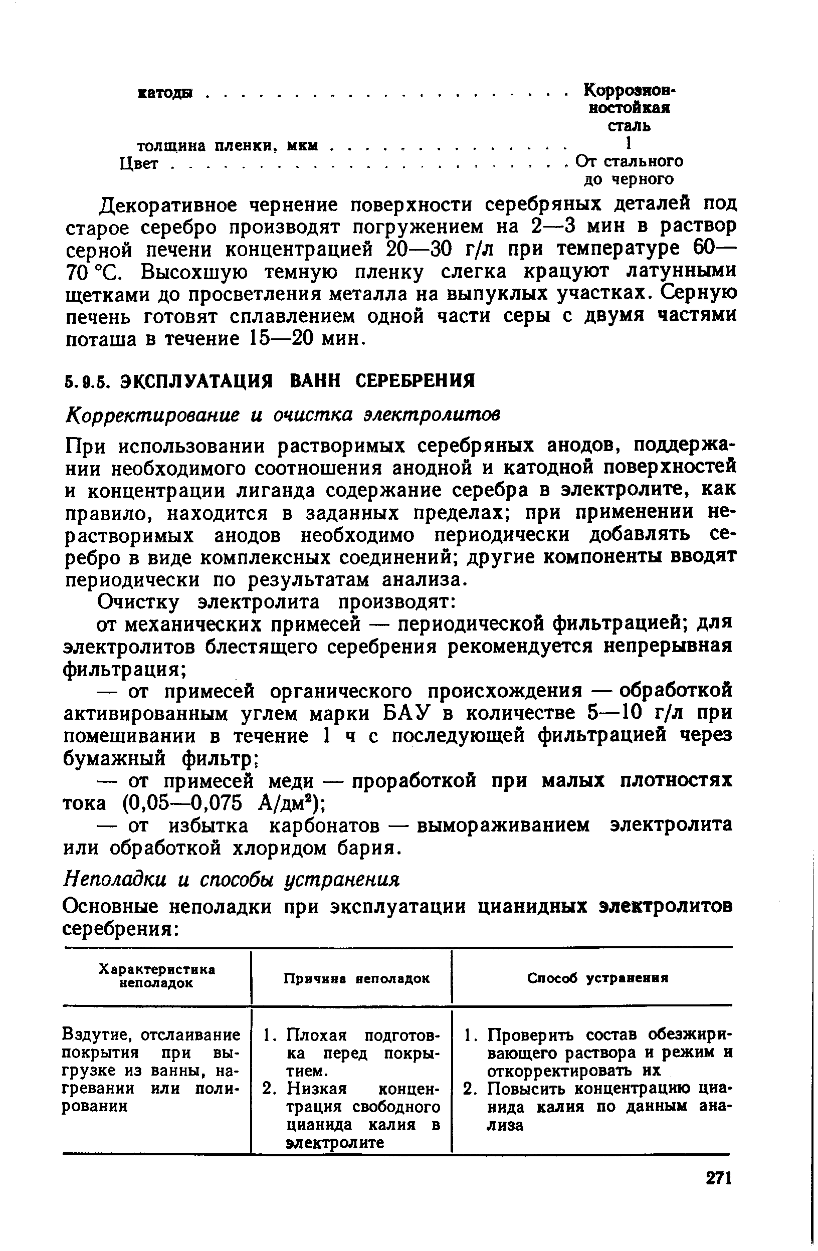 При использовании растворимых серебряных анодов, поддержании необходимого соотношения анодной и катодной поверхностей и концентрации лиганда содержание серебра в электролите, как правило, находится в заданных пределах при применении нерастворимых анодов необходимо периодически добавлять серебро в виде комплексных соединений другие компоненты вводят периодически по результатам анализа.
