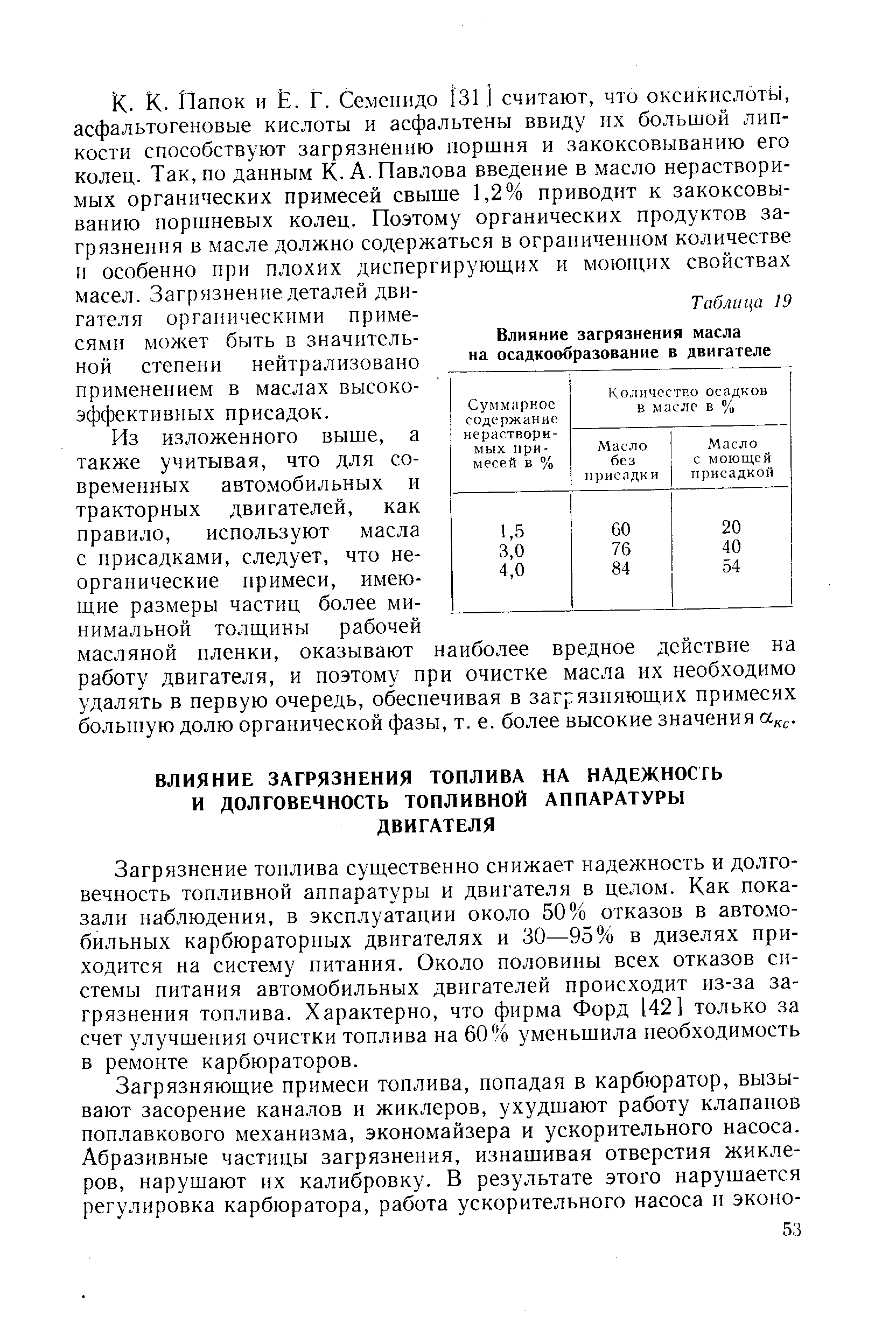 Загрязнение топлива существенно снижает надежность и долговечность топливной аппаратуры и двигателя в целом. Как показали наблюдения, в эксплуатации около 50% отказов в автомобильных карбюраторных двигателях и 30—95% в дизелях приходится на систему питания. Около половины всех отказов системы питания автомобильных двигателей происходит из-за загрязнения топлива. Характерно, что фирма Форд 142] только за счет улучшения очистки топлива на 60% уменьшила необходимость в редюите карбюраторов.
