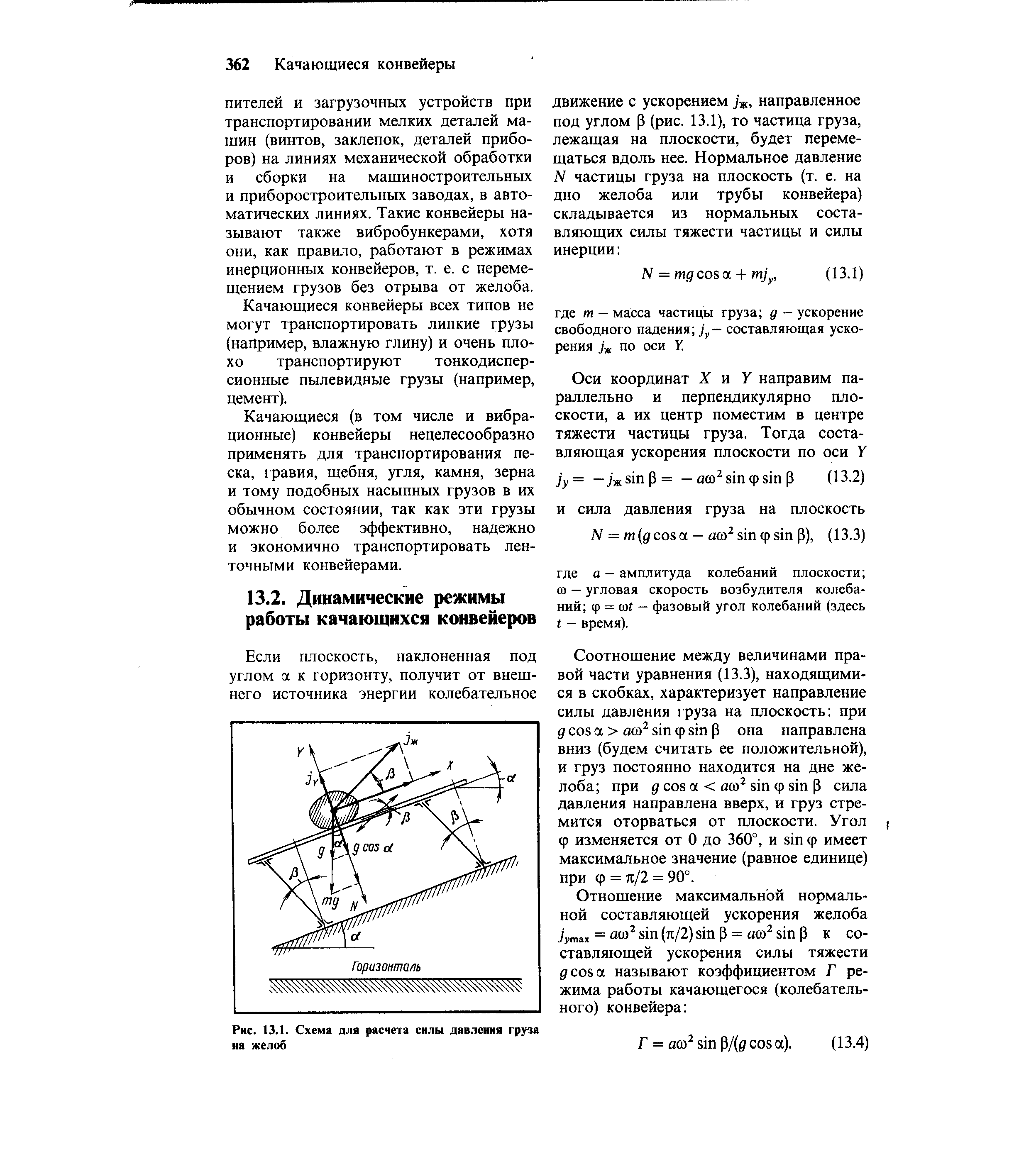 Соотношение между величинами правой части уравнения (13.3), находящимися в скобках, характеризует направление силы давления груза на плоскость при д os а асо sin ф sin р она направлена вниз (будем считать ее положительной), и груз постоянно находится на дне желоба при 3 os а осо sin ф sin р сила давления направлена вверх, и груз стремится оторваться от плоскости. Угол Ф изменяется от О до 360°, и sin ф имеет максимальное значение (равное единице) при ф = п/2 = 90°.
