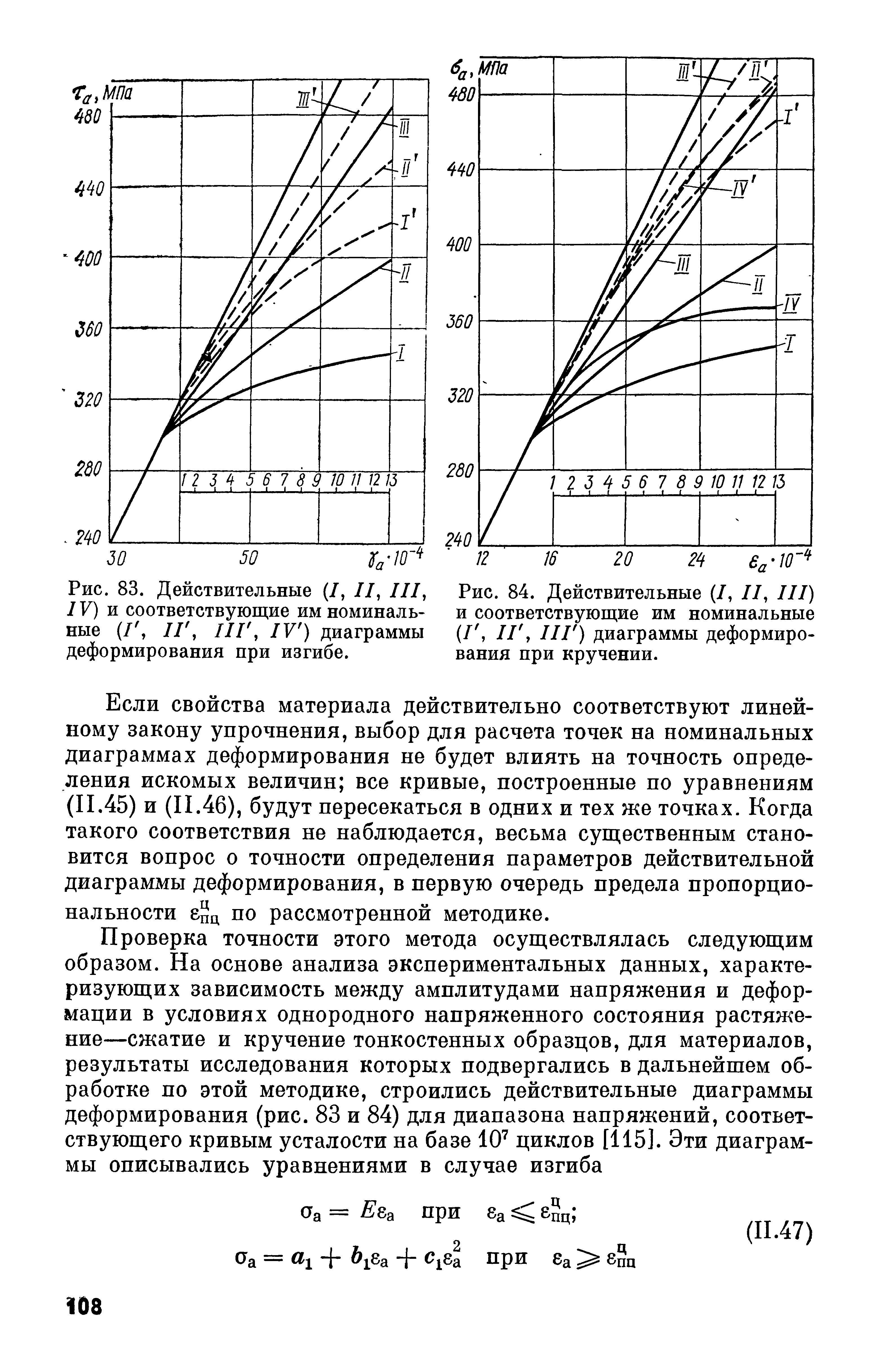 Рис. 84. Действительные (/, II, III) и соответствующие им номинальные (Г, II г ПГ) <a href="/info/28732">диаграммы деформирования</a> при кручении.
