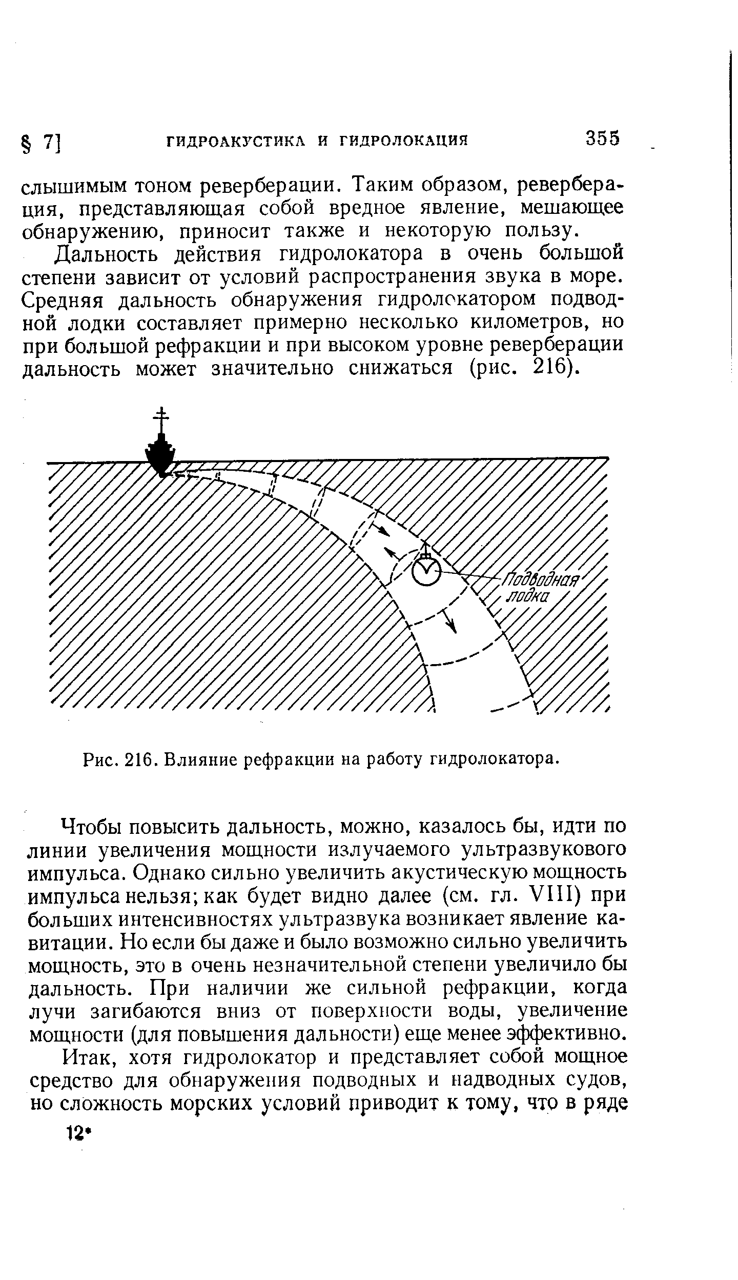 Рис. 216. Влияние рефракции на работу гидролокатора.
