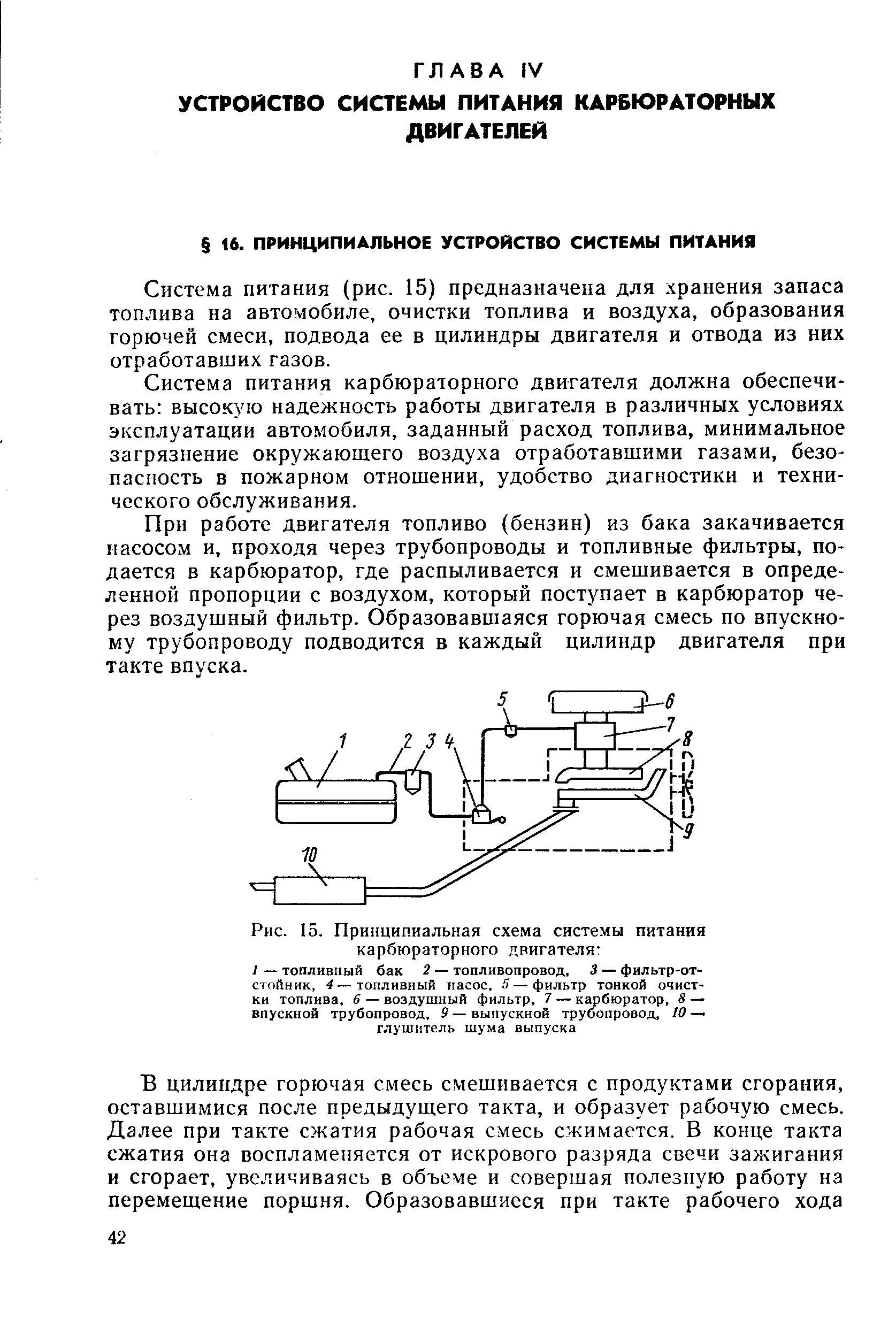 Система питания (рис. 15) предназначена для хранения запаса топлива на автомобиле, очистки топлива и воздуха, образования горючей смеси, подвода ее в цилиндры двигателя и отвода из них отработавших газов.
