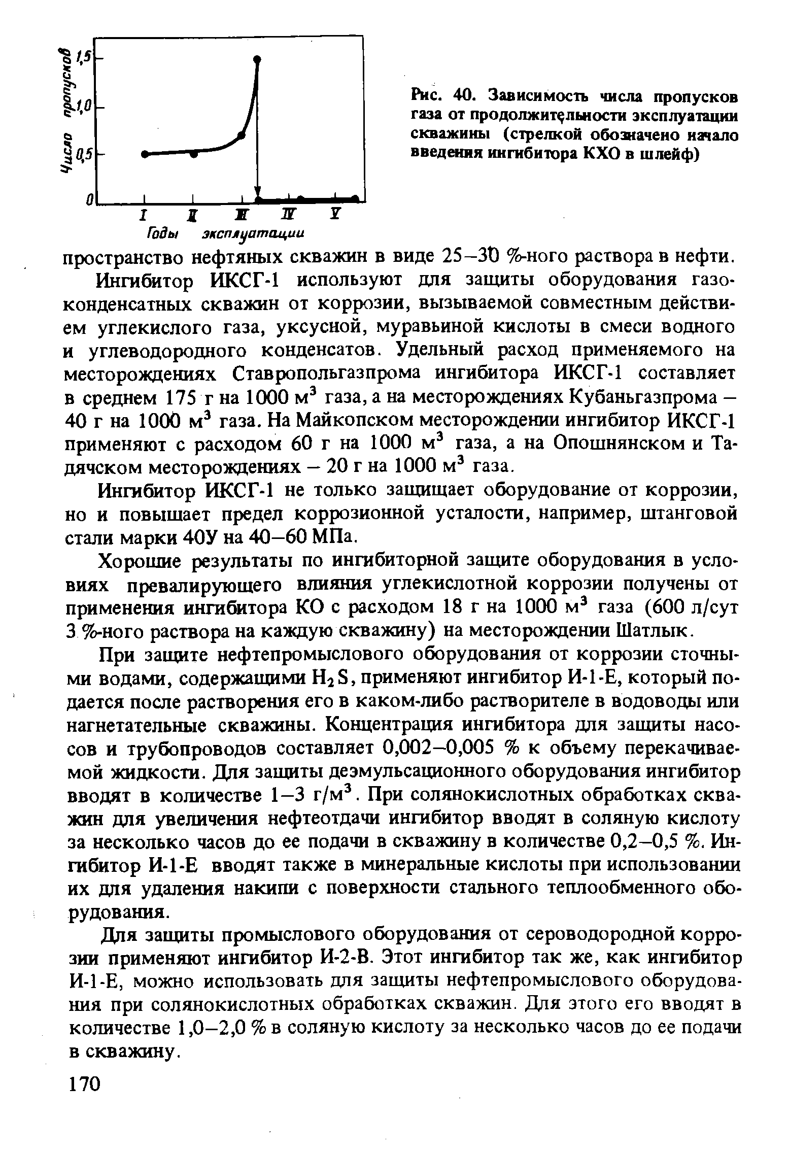 Рис. 40. Зависимость числа пропусков газа от продолжит лыюсти эксплуатации скважины (стрелкой обозначено начало введения ингибитора КХО в шлейф)
