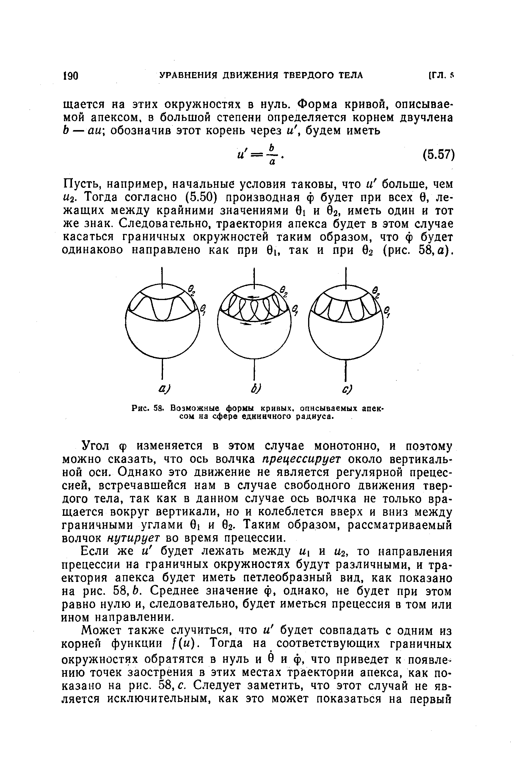 Рис. 58. Возможные формы кривых, описываемых апексом на сфере единичного радиуса.
