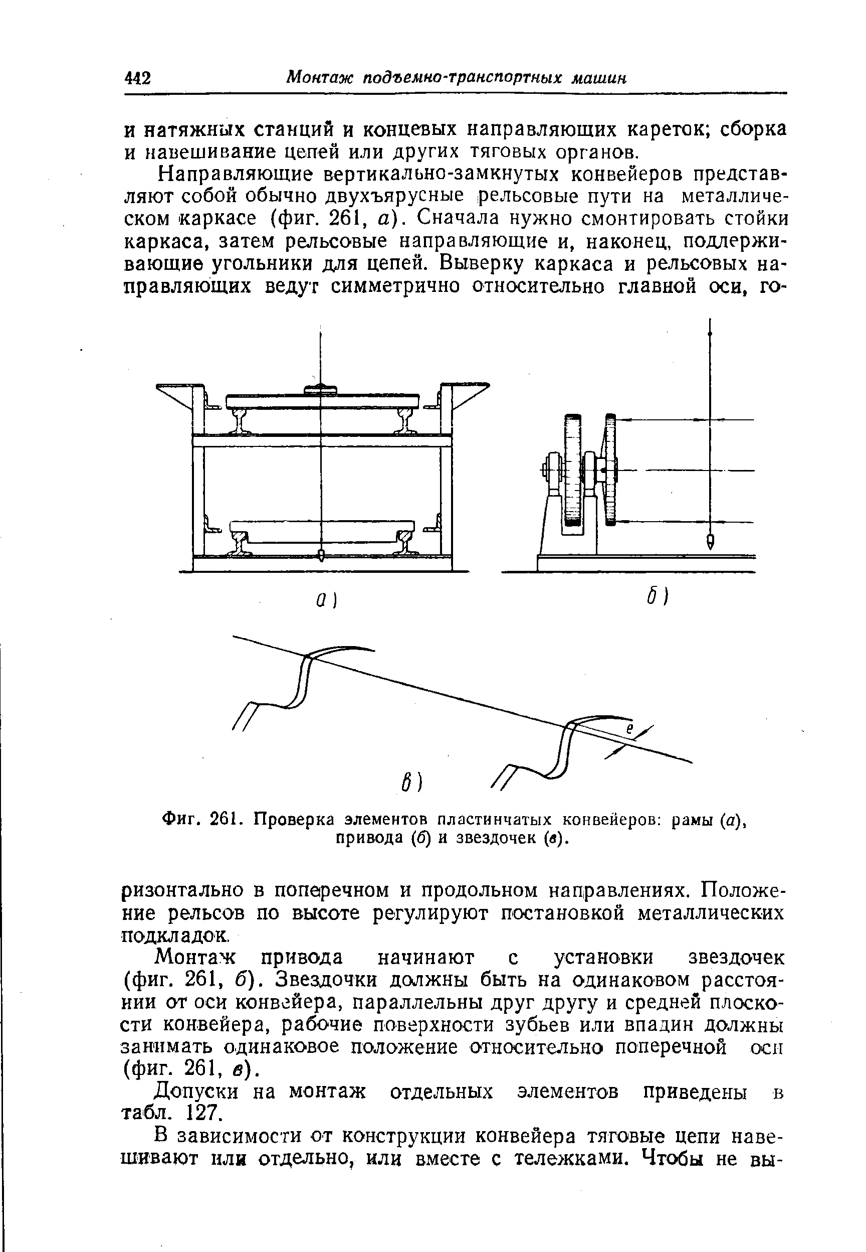 Фиг. 261. Проверка элементов пластинчатых конвейеров рамы (а), привода (б) и звездочек (в).
