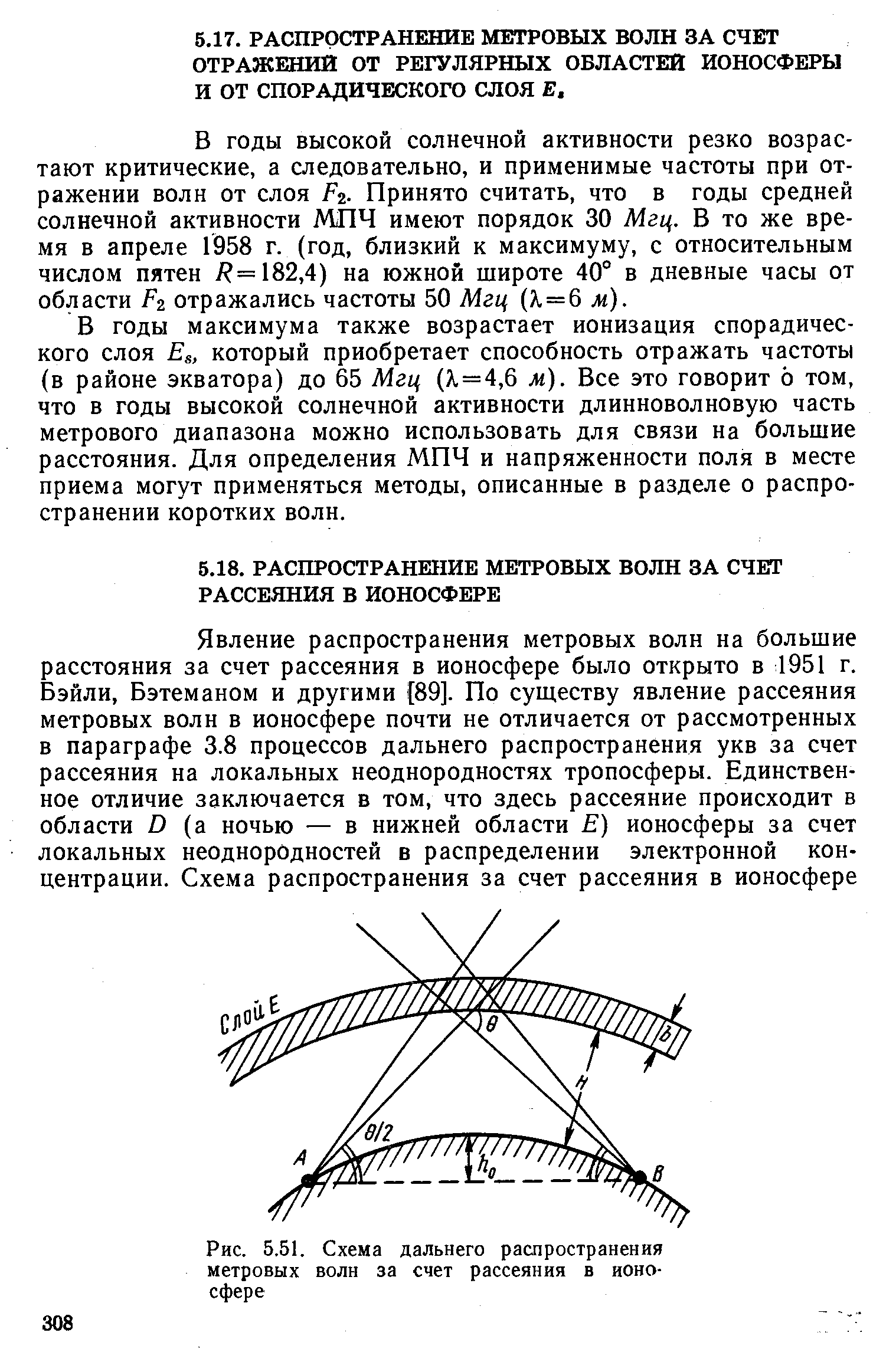 В годы максимума также возрастает ионизация спорадического слоя Вз, который приобретает способность отражать частоты (в районе экватора) до 65 Мгц (А. = 4,6 м). Все это говорит 6 том, что в годы высокой солнечной активности длинноволновую часть метрового диапазона можно использовать для связи на большие расстояния. Для определения МПЧ и напряженности поля в месте приема могут применяться методы, описанные в разделе о распространении коротких волн.
