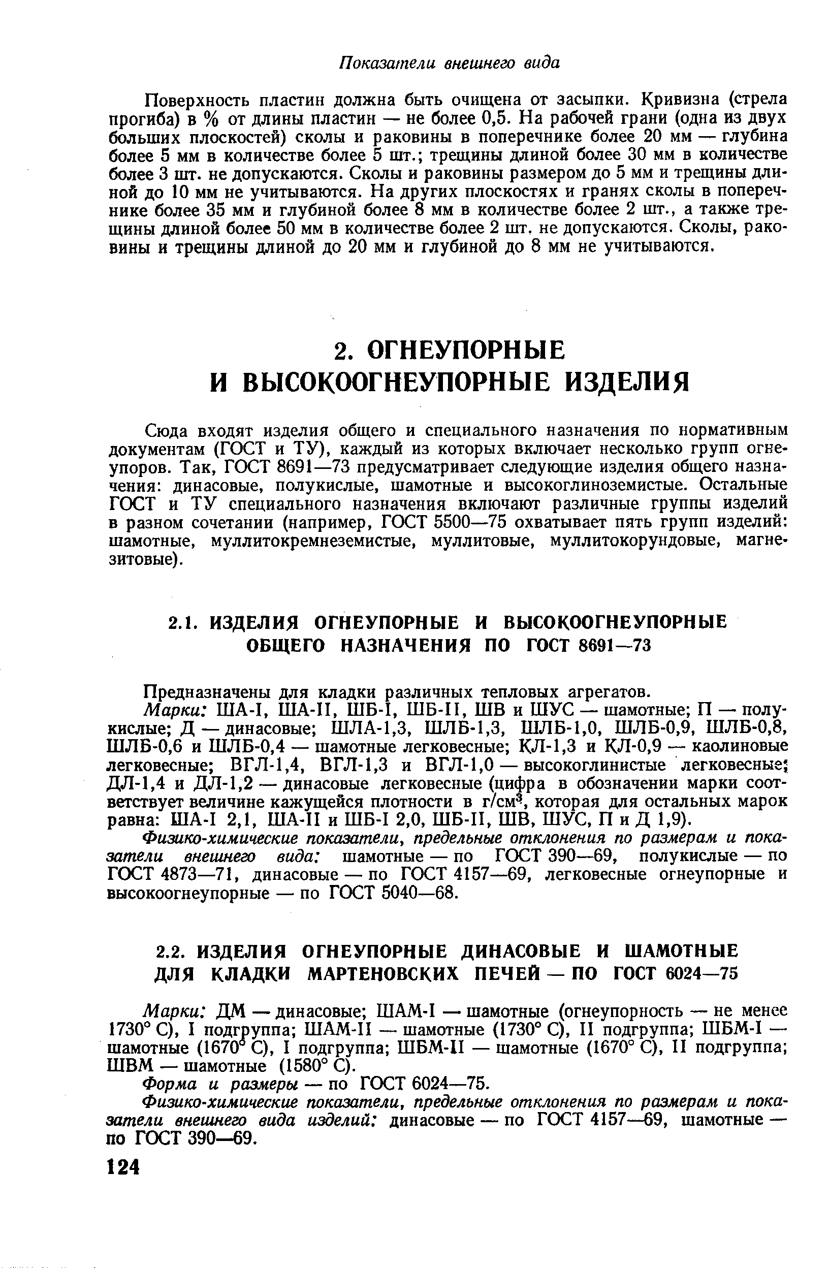 Марки ДМ — динасовые ШАМ-1 — шамотные (огнеупорность — не менее 1730° С), I подгруппа ШАМ-И — шамотные (1730° С), II подгруппа ШБМ-1 — шамотные (1670 С), I подгруппа ШБМ-П — шамотные (1670° С), II подгруппа ШВМ — шамотные (1580° С).
