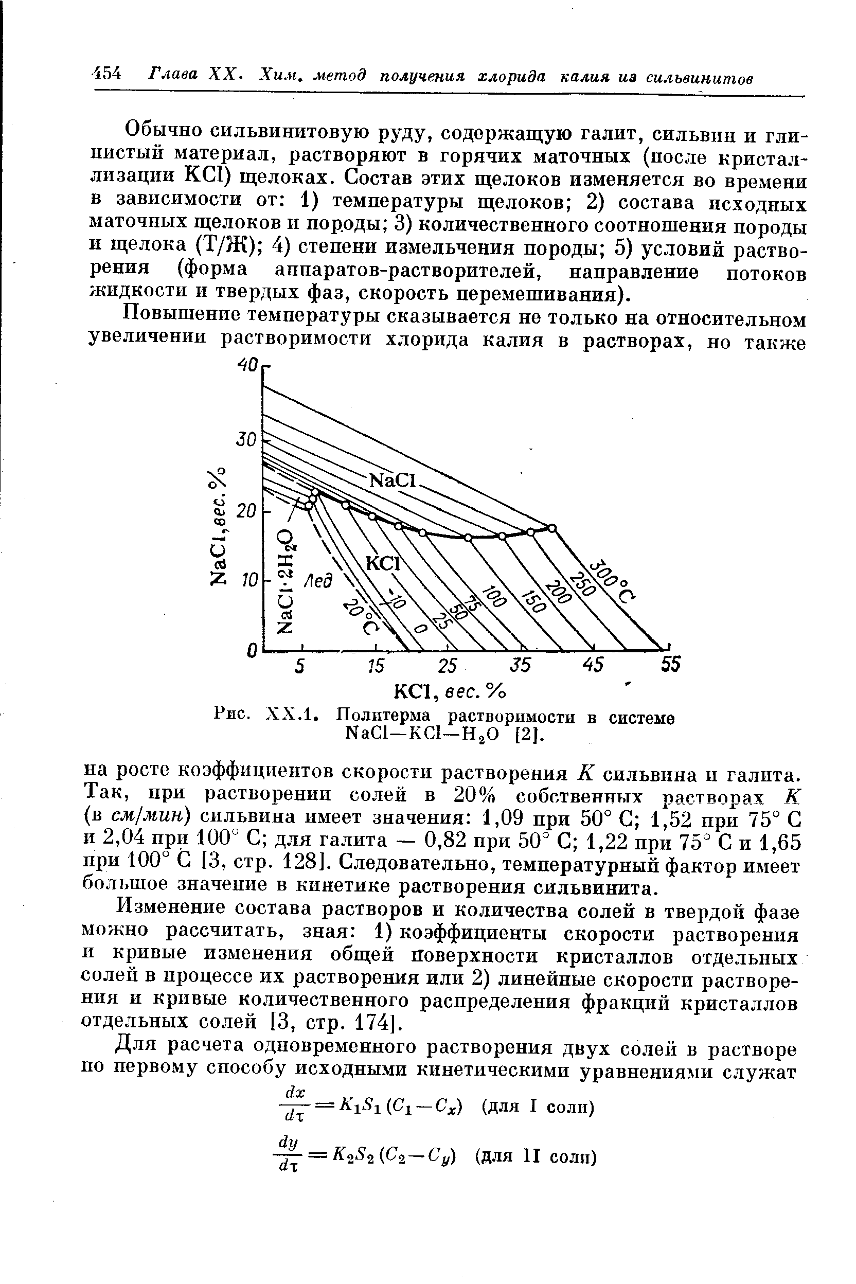 Обычно сильвинитовую руду, содержащую галит, сильвин и глинистый материал, растворяют в горячих маточных (после кристаллизации КС1) щелоках. Состав этих щелоков изменяется во времени в зависимости от 1) температуры щелоков 2) состава исходных маточных щелоков и породы 3) количественного соотношения породы и щелока (Т/Ж) 4) степени измельчения породы 5) условий растворения (форма аппаратов-растворителей, направление потоков жидкости и твердых фаз, скорость перемешивания).
