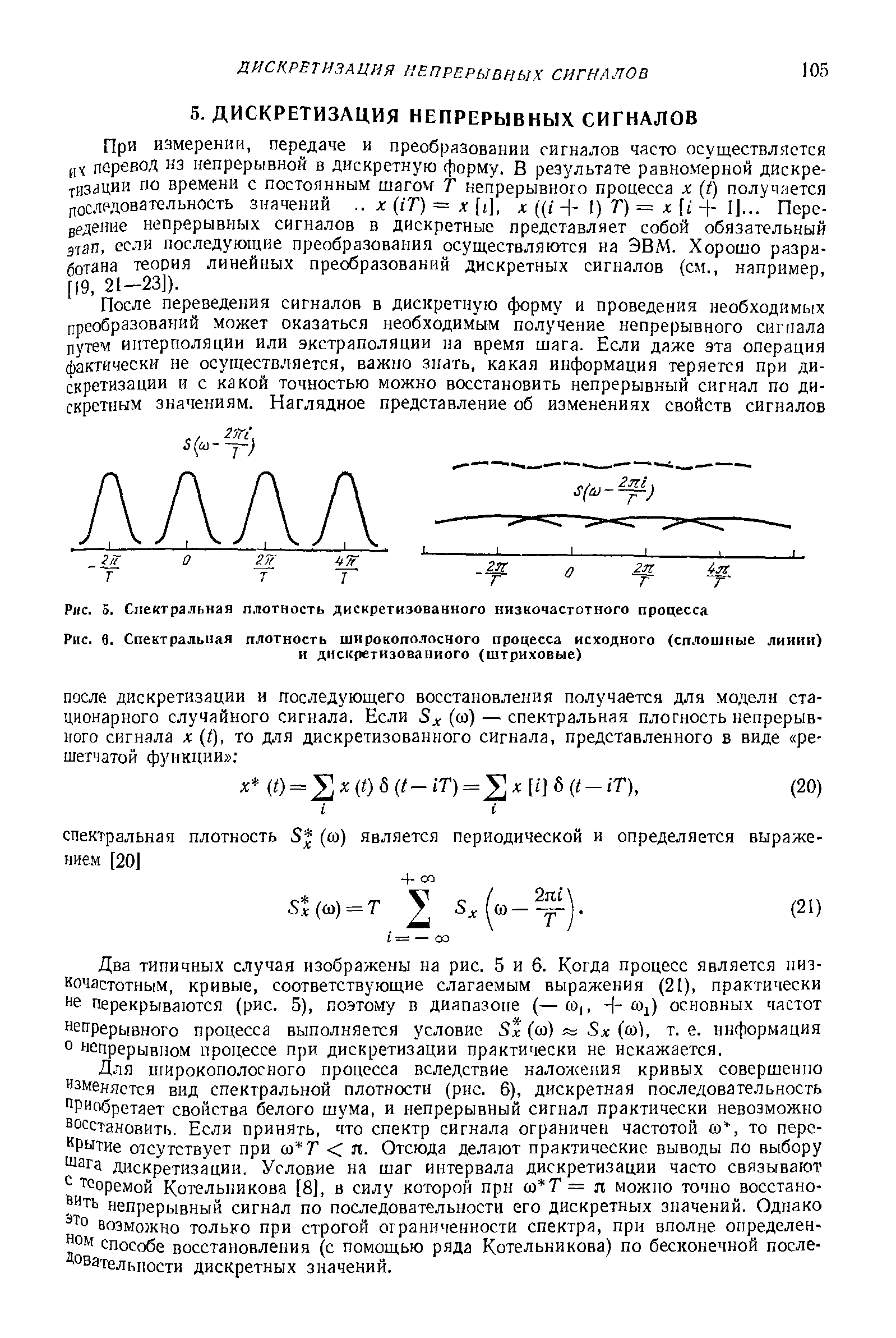 Два типичных случая изображены на рис. 5 и 6. Когда процесс является низкочастотным, кривые, соответствующие слагаемым выражения (21), практически че перекрываются (рис. 5), поэтому в диапазоне (— oj, + со ) основных частот непрерывного процесса выполняется условие St (со) Sx (со), т. е. информация о непрерывном процессе при дискретизации практически не искажается.
