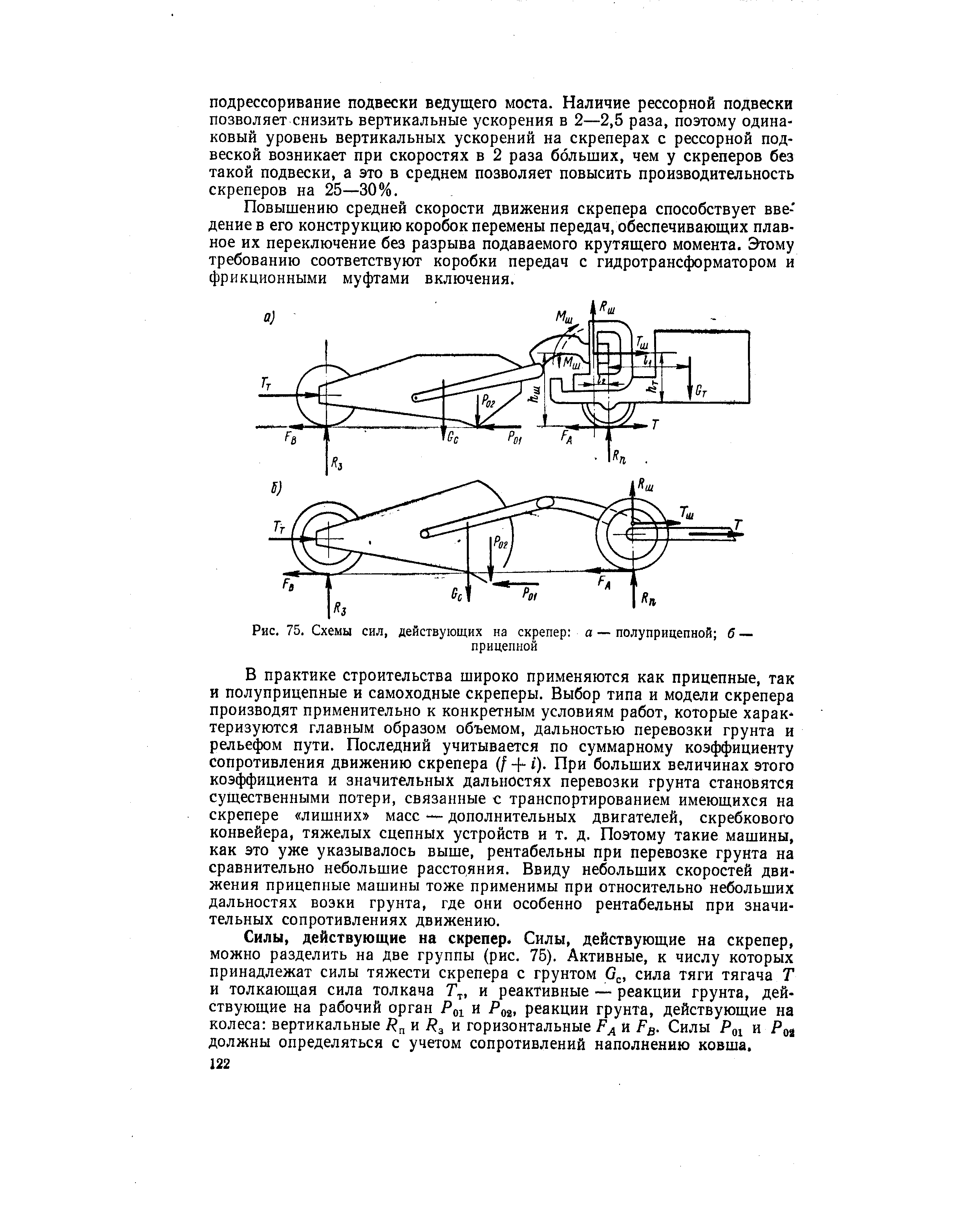 Рис. 75. Схемы сил, действующих на скрепер а — полуприцепной б —
