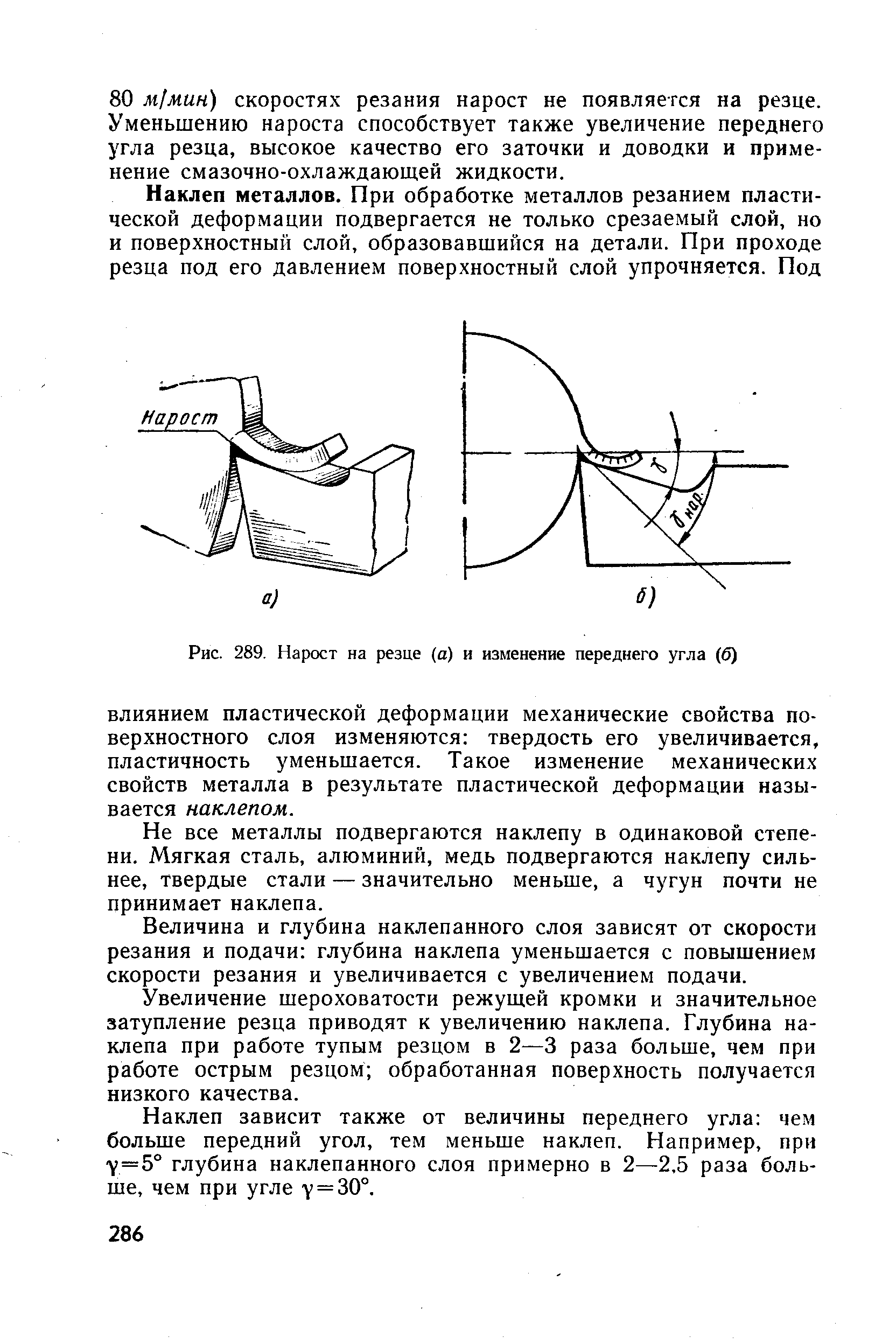 Рис. 289. Нарост на резце (а) и изменение переднего угла (б)
