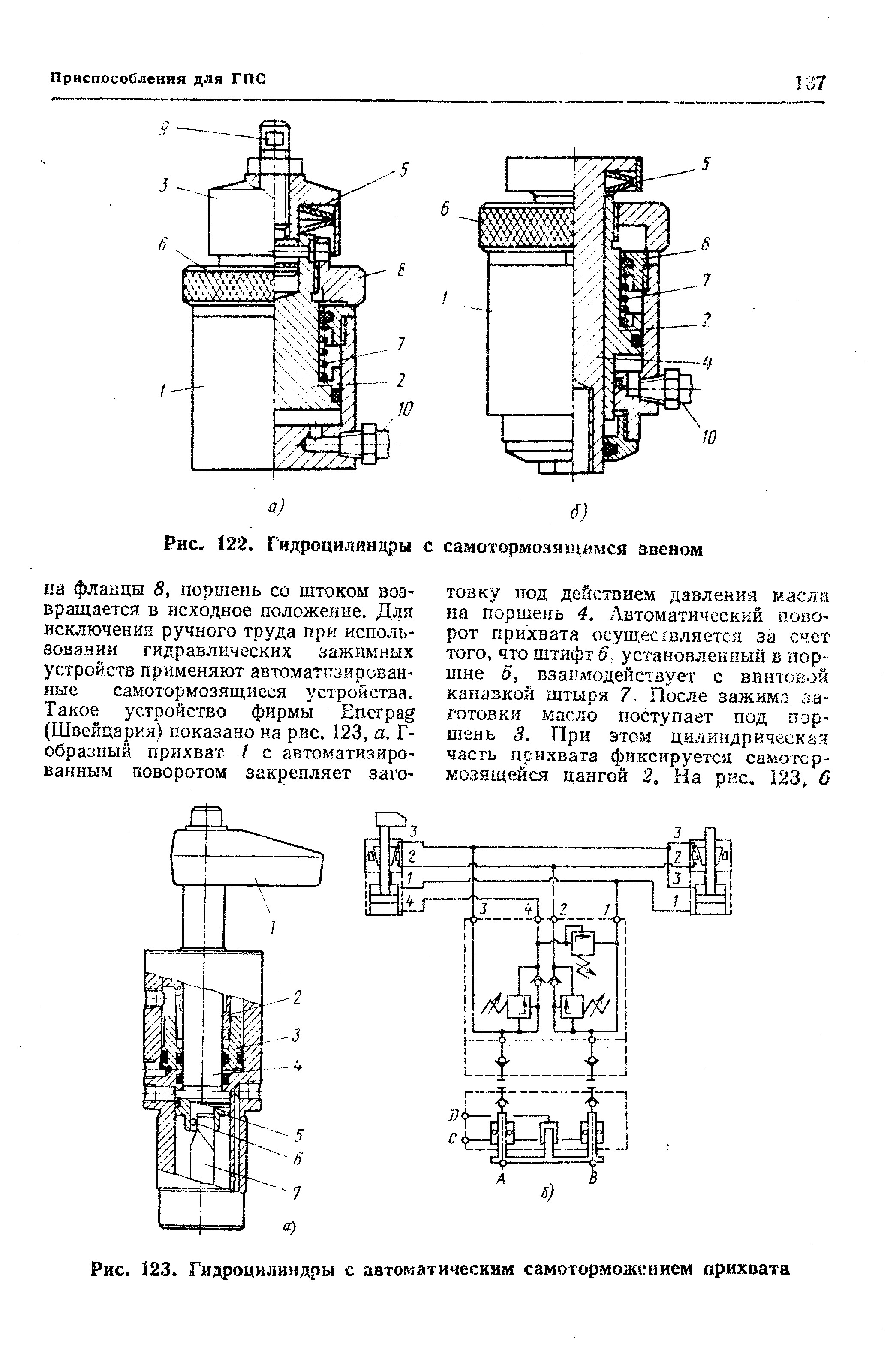 Рис. 123. Гидроцилиндры с автоматическим самоторможением прихвата
