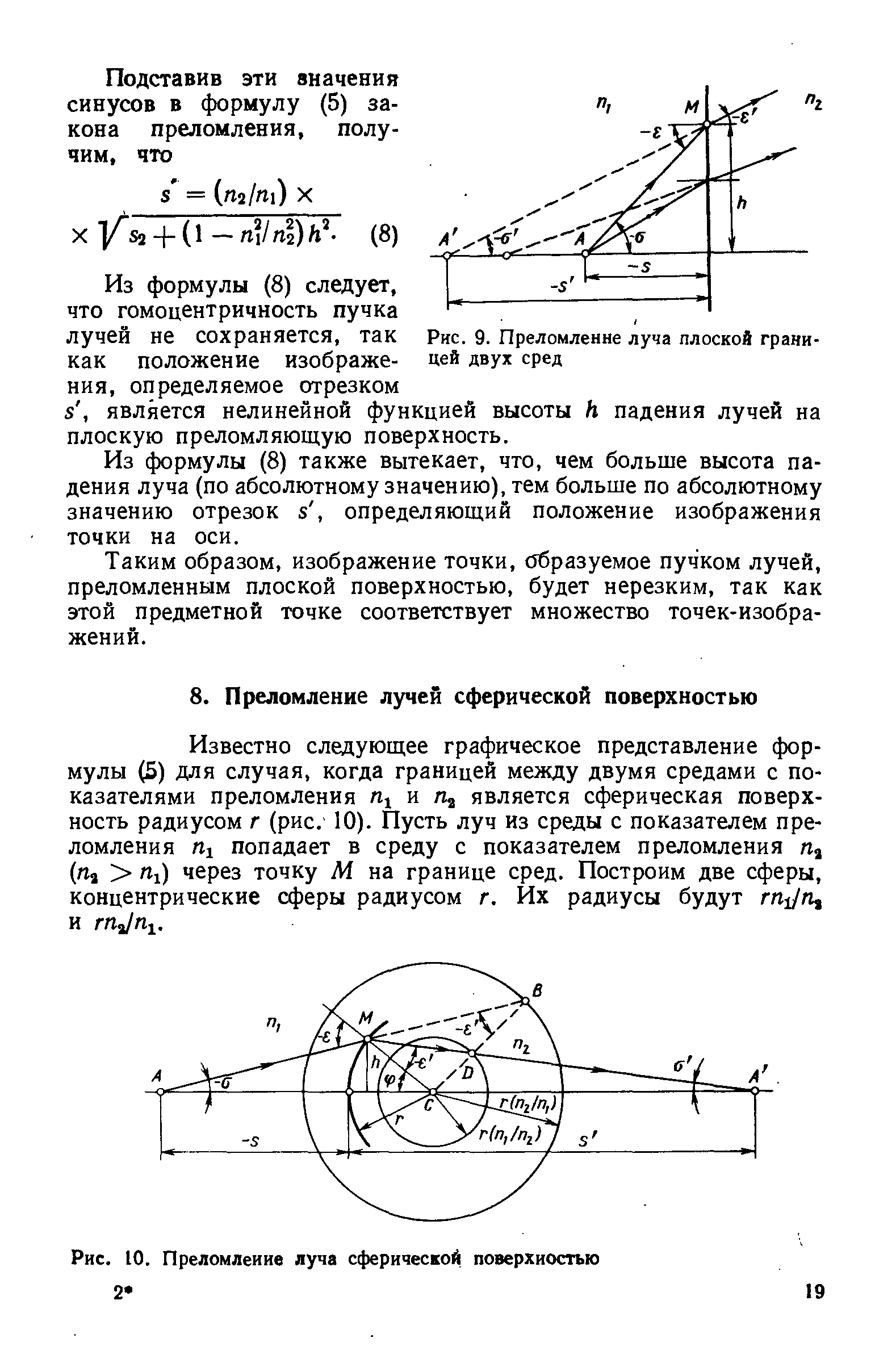 Известно следующее графическое представление формулы (5) для случая, когда границей между двумя средами с показателями преломления м гц является сферическая поверхность радиусом г (рис. 10). Пусть луч из среды с показателем преломления Пх попадает в среду с показателем преломления щ (Па Пх) через точку М на границе сред. Построим две сферы, концентрические сферы радиусом г. Их радиусы будут и гп п-х.
