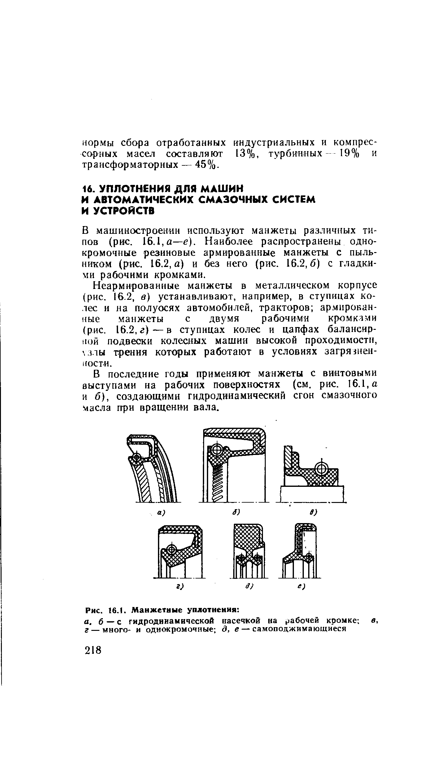 В машиностроении используют манжеты различных типов (рис. 16.1,а—е). Наиболее распространены однокромочные резиновые армированные манжеты с пыльником (рис. 16.2, а) и без него (рис. 16.2,6) с гладкими рабочими кромками.
