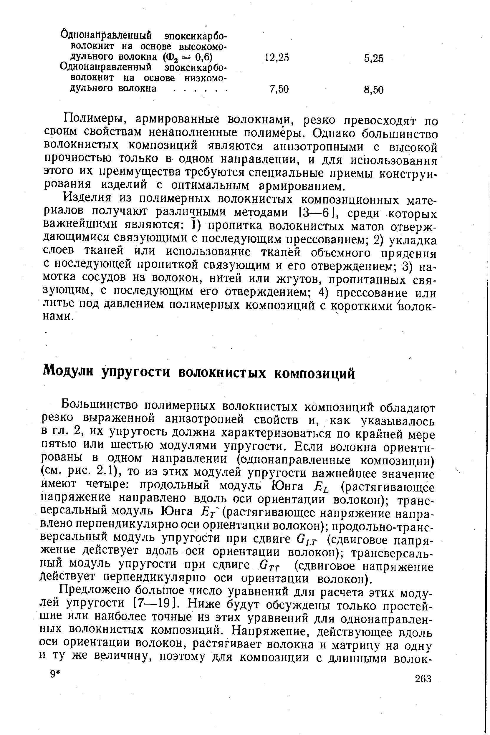 Большинство полимерных волокнистых композиций обладают резко выраженной анизотропией свойств и, как указывалось в гл. 2, их упругость должна характеризоваться по крайней мере пятью или шестью модулями упругости. Если волокна ориентированы в одном направлении (однонаправленные композиции) (см. рис. 2.1), то из этих модулей упругости важнейшее значение имеют четыре продольный модуль Юнга (растягивающее напряжение направлено вдоль оси ориентации волокон) трансверсальный модуль Юнга Ет (растягивающее напряжение направлено перпендикулярно оси ориентации волокон) продольно-трансверсальный модуль упругости при сдвиге (сдвиговое напряжение действует вдоль оси ориентации волокон) трансверсальный модуль упругости при сдвиге Отт (сдвиговое напряжение Действует перпендикулярно оси ориентации волокон).
