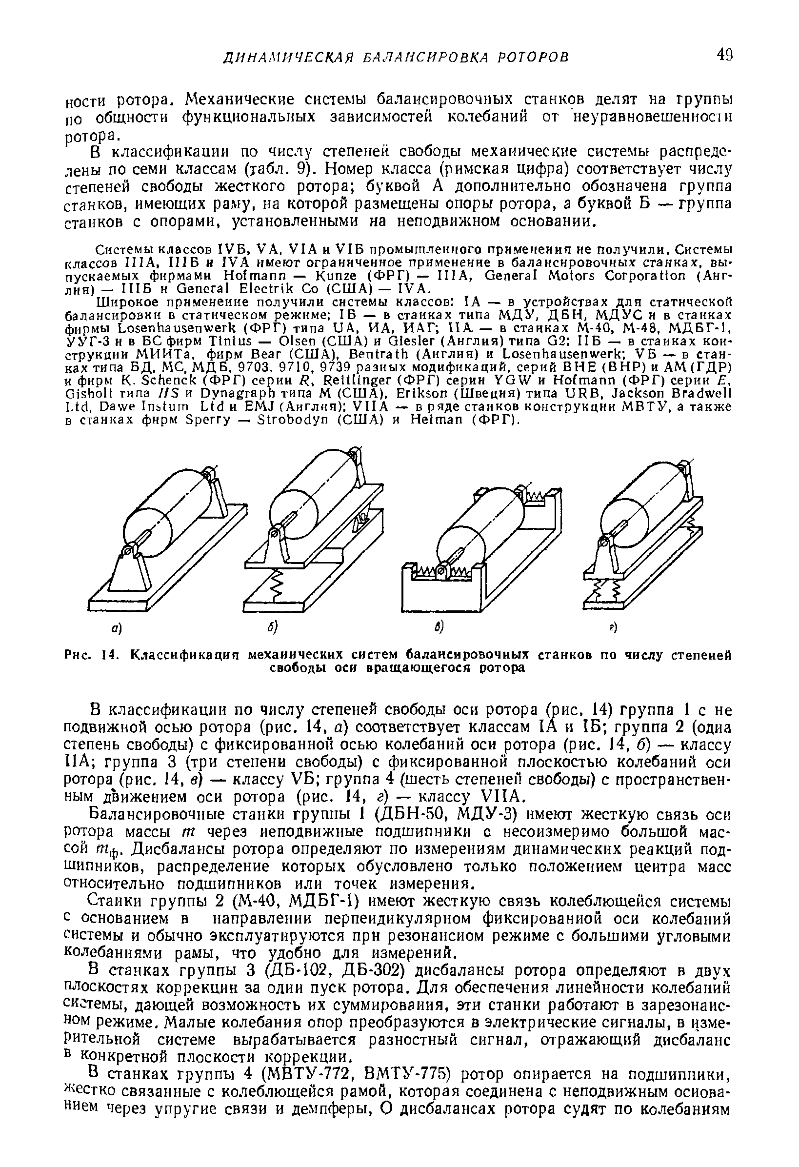 В классификации по числу степеттей свободы механические системы распределены по семи классам (табл. 9). Номер класса (римская цифра) соответствует числу степеней свободы жесткого ротора буквой А дополнительно обозначена группа станков, имеющих рахру, на которой размещены опоры ротора, а буквой Б —группа станков с опорами, установленными на неподвижном основании.
