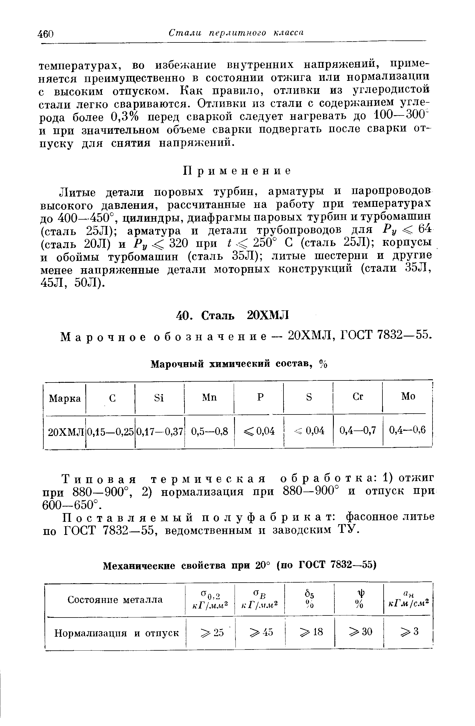 Типовая термическая обработка 1) отжиг при 880—900°, 2) нормализация нри 880—900° и отпуск при 600-650°.
