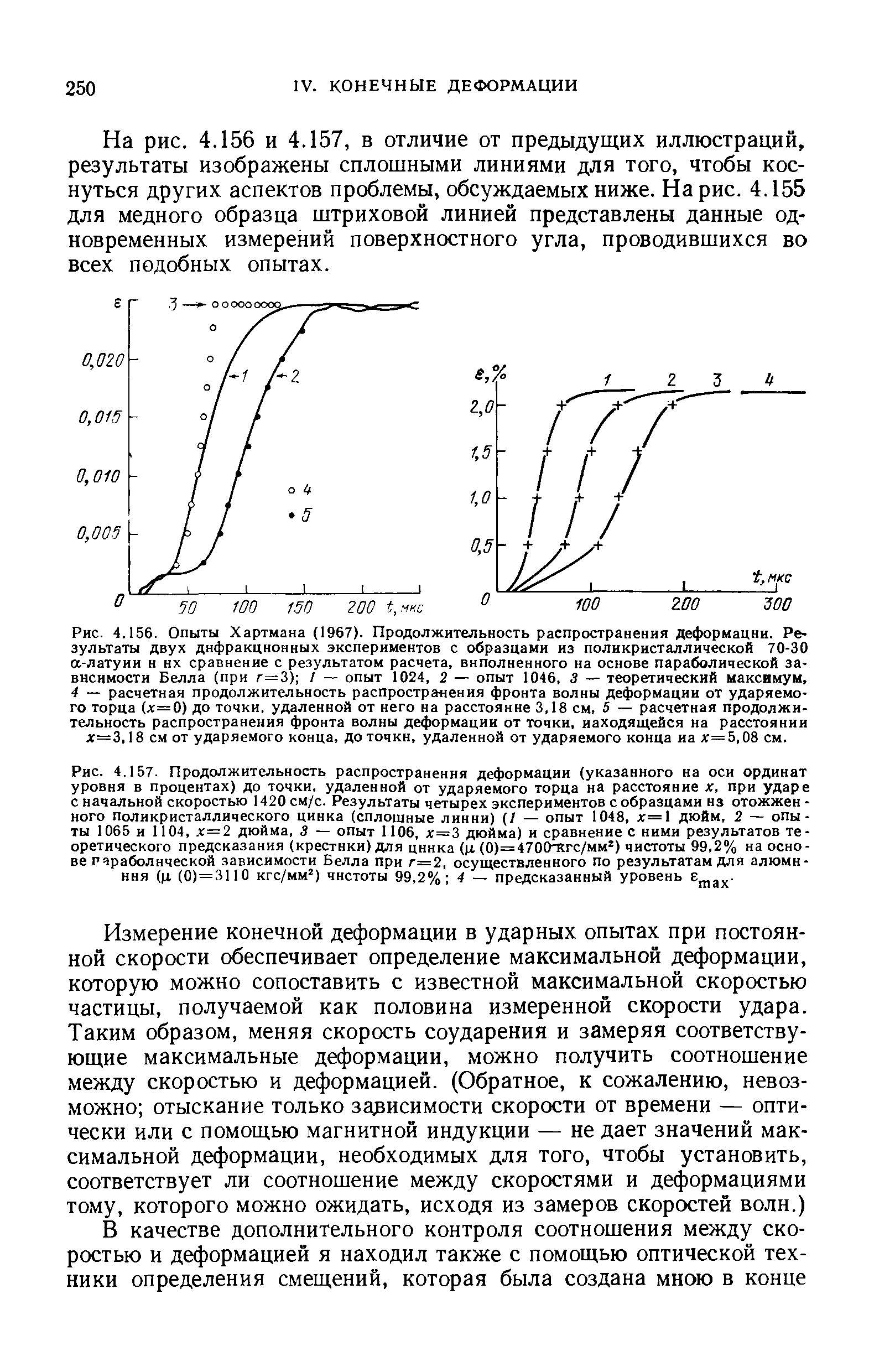 Рис. 4.156. Опыты Хартмана (1967). Продолжительность распространения деформации. Результаты двух дифракционных экспериментов с образцами из поликристаллической 70-30 а-латуии и их сравнение с <a href="/info/555466">результатом расчета</a>, виполненного на основе параболической зависимости Белла (при г=3) / — опыт 1024, 2 — опыт 1046, 3 — теоретический максимум, 4 — расчетная продолжительность распростра ения <a href="/info/14754">фронта волны</a> деформации от ударяемого торца (л =0) до точки, удаленной от него на расстояние 3,18 см, 5 — расчетная продолжительность распространения <a href="/info/14754">фронта волны</a> деформации от точки, находящейся на расстоянии дг=3,18 см от ударяемого конца, до точки, удаленной от ударяемого конца иа д =5,08 см.
