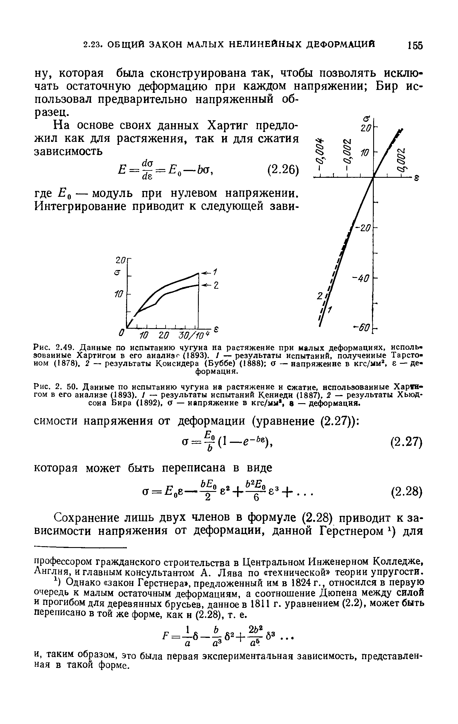 Рис. 2. 50. Данные по <a href="/info/442009">испытанию чугуна</a> на растяжение и сжатие, использованные Харта-гом в его анализе (1893). / — <a href="/info/677333">результаты испытаний</a> Кеннеди (1887), 2 — результаты Хьюд-сона Бира (1892), а — напряжение в кгс/мм, в — де( рмация.
