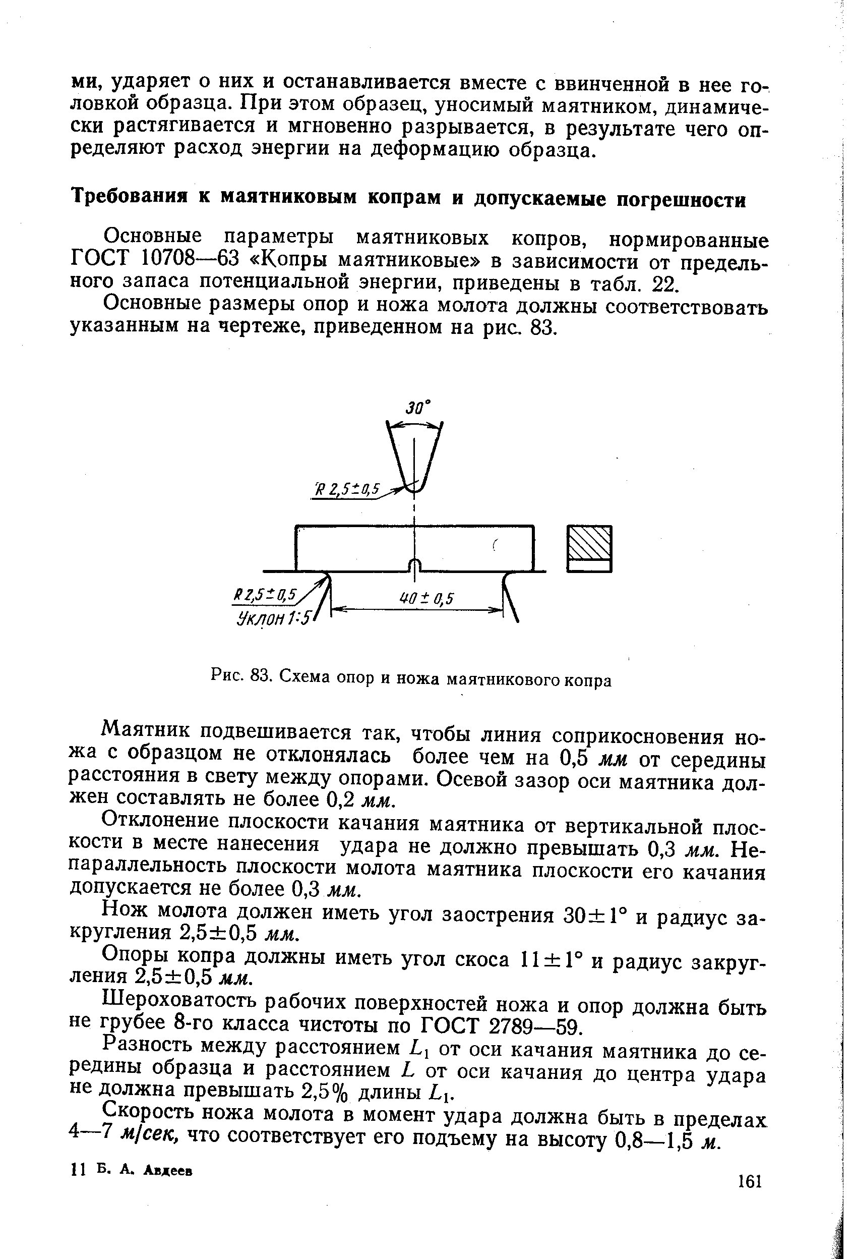 Рис. 83. Схема опор и ножа маятникового копра
