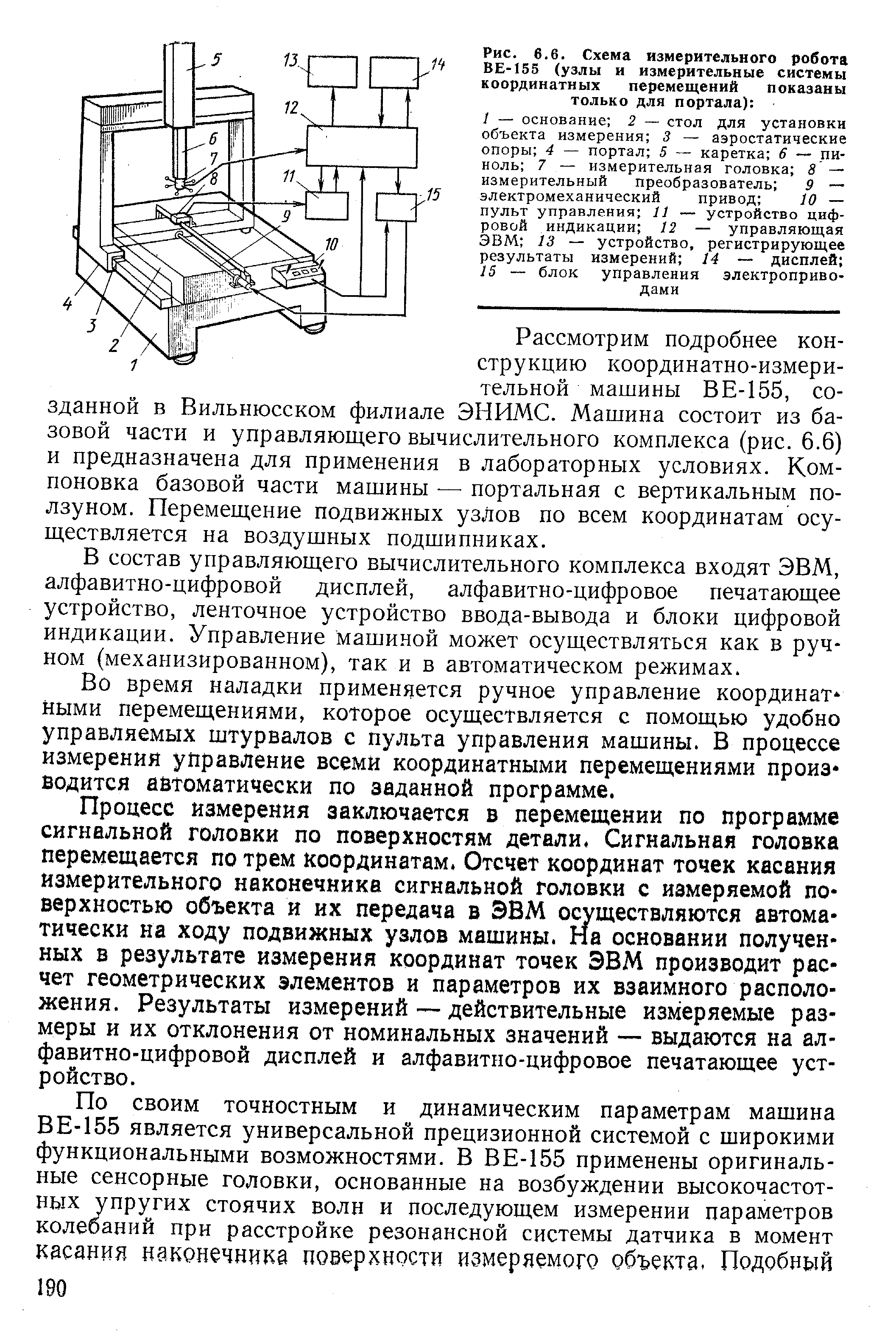 Рассмотрим подробнее конструкцию координатно-измерительной машины ВЕ-155, созданной в Вильнюсском филиале ЭНИМС. Машина состоит из базовой части и управляющего вычислительного комплекса (рис. 6.6) и предназначена для применения в лабораторных условиях. Компоновка базовой части машины — портальная с вертикальным ползуном. Перемещение подвижных узлов по всем координатам осуществляется на воздушных подшипниках.
