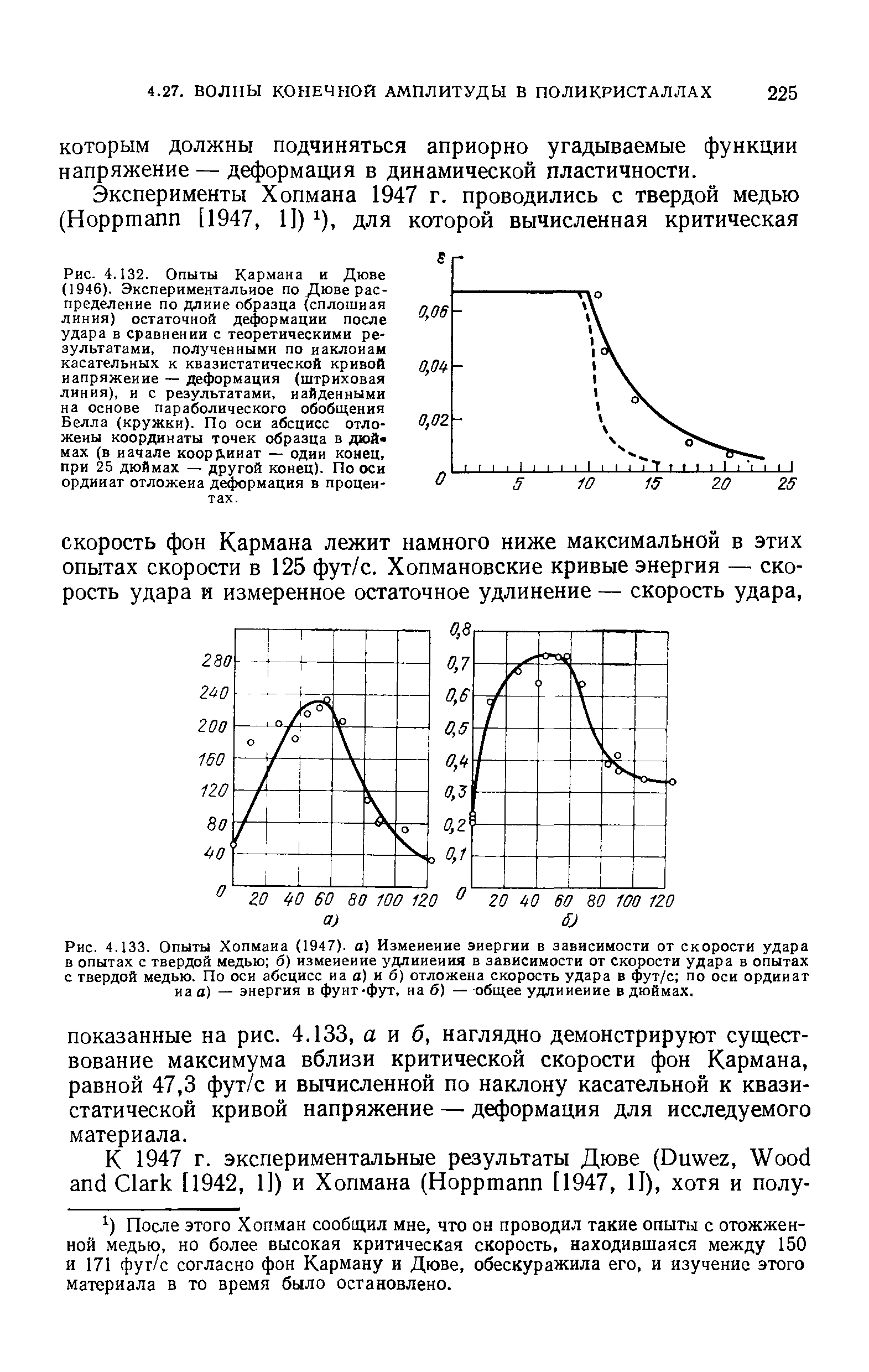 Рис. 4.133. Опыты Хопмаиа (1947). а) Измеиеиие энергии в зависимости от скорости удара в опытах с твердой медью б) измеиеиие удлинения в зависимости от скорости удара в опытах с твердой медью. По оси абсцисс иа а) и б) отложена скорость удара в фут/с по оси ординат на а) — энергия в фунт-фут, на б) — общее удлинение в дюймах.
