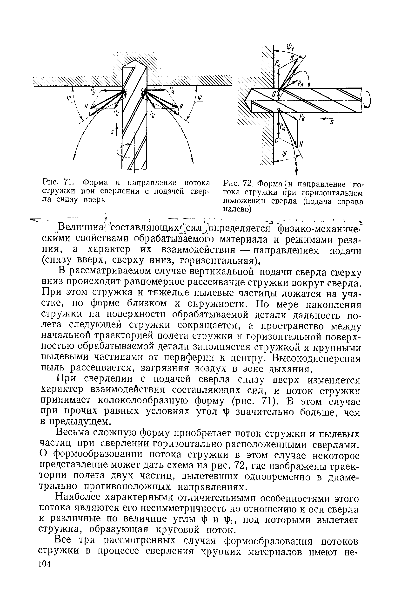 Рис. 71. Форма и <a href="/info/237175">направление потока</a> стружки при сверлении с <a href="/info/62446">подачей сверла</a> снизу вверх
