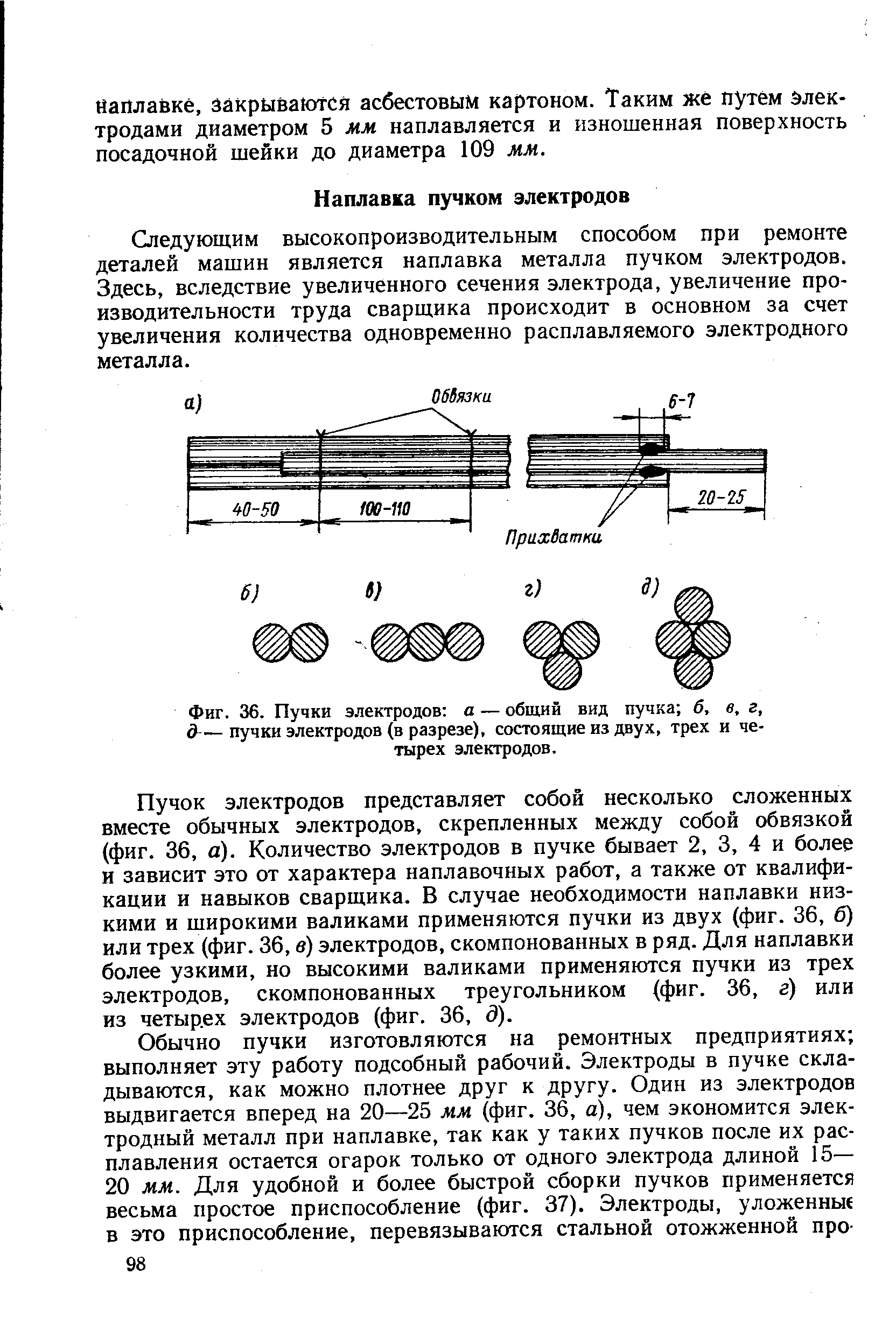 Следующим высокопроизводительным способом при ремонте деталей машин является наплавка металла пучком электродов. Здесь, вследствие увеличенного сечения электрода, увеличение производительности труда сварщика происходит в основном за счет увеличения количества одновременно расплавляемого электродного металла.
