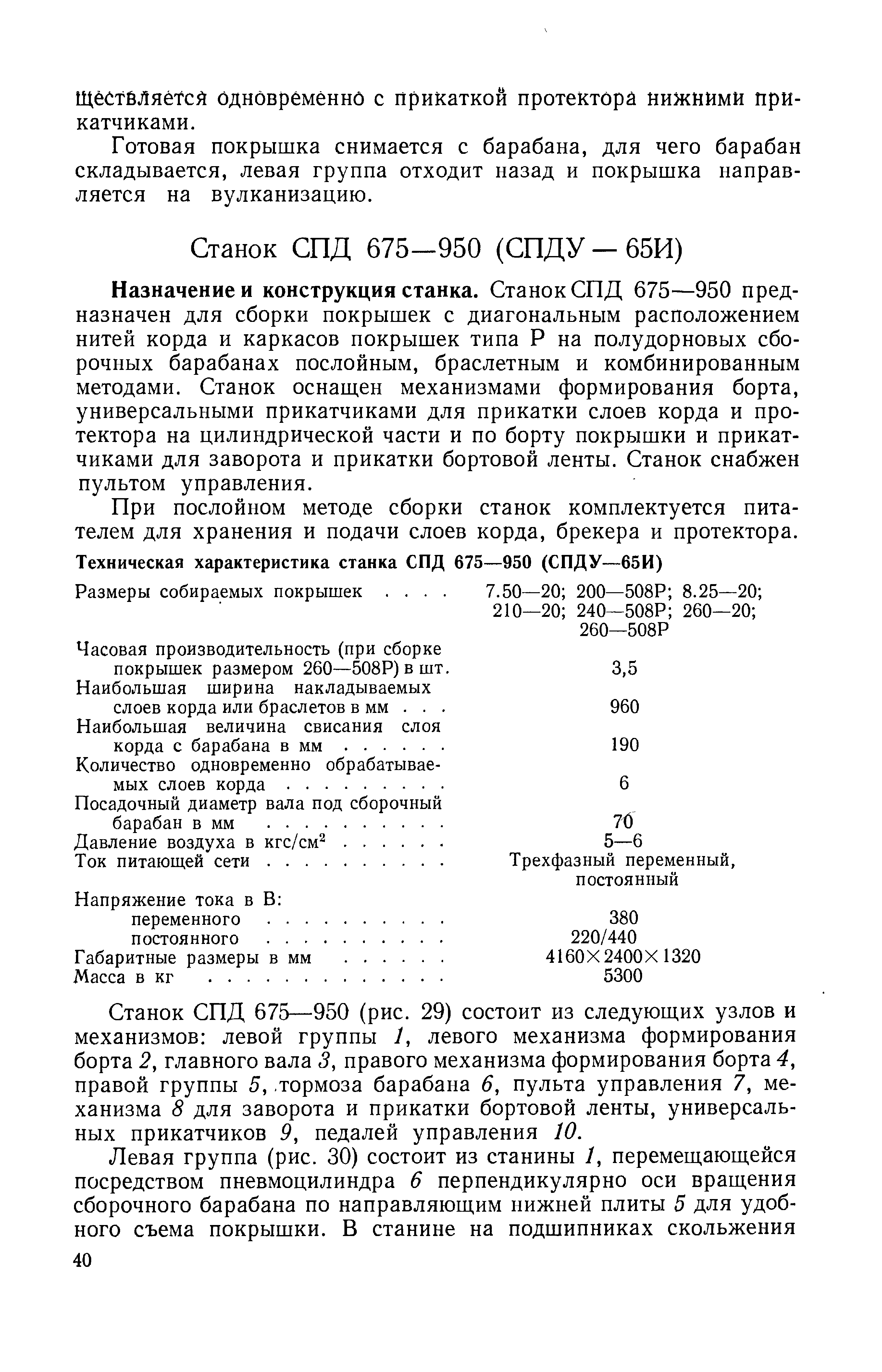 Назначение и конструкция станка. Станок СПД 675—950 предназначен для сборки покрышек с диагональным расположением нитей корда и каркасов покрышек типа Р на полудорновых сборочных барабанах послойным, браслетным и комбинированным методами. Станок оснаш.ен механизмами формирования борта, универсальными прикатчиками для прикатки слоев корда и протектора на цилиндрической части и по борту покрышки и прикатчиками для заворота и прикатки бортовой ленты. Станок снабжен пультом управления.
