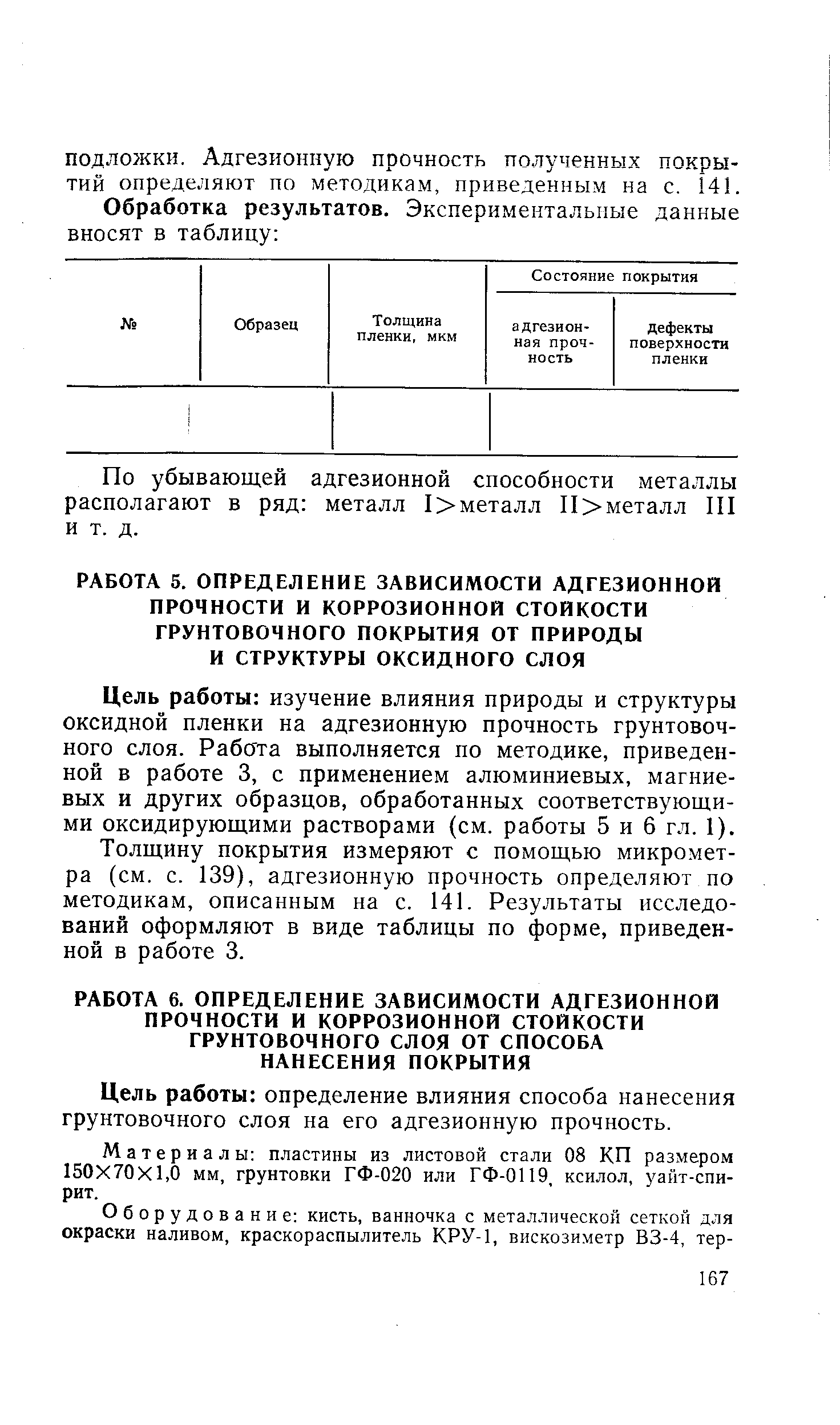 Цель работы изучение влияния природы и структуры оксидной пленки на адгезионную прочность грунтовочного слоя. Рабата выполняется по методике, приведенной в работе 3, с применением алюминиевых, магниевых и других образцов, обработанных соответствующими оксидирующими растворами (см. работы 5 и 6 гл. 1).
