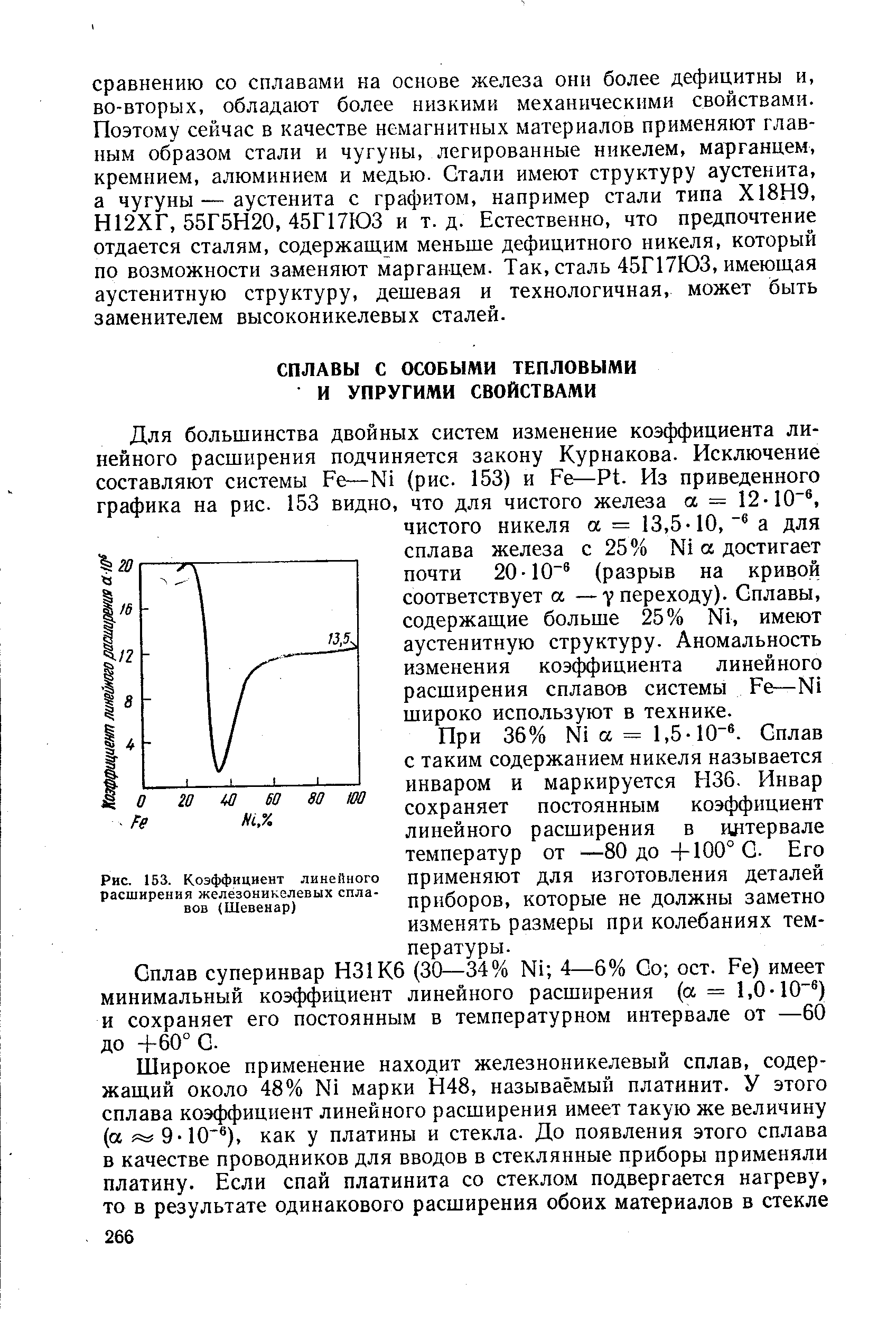 При 36% N1 а = 1,5-10 . Сплав с таким содержанием никеля называется инваром и маркируется Н36. Инвар сохраняет постоянным коэффициент линейного расширения в интервале температур от —80 до +100° С. Его применяют для изготовления деталей приборов, которые не должны заметно изменять размеры при колебаниях температуры.
