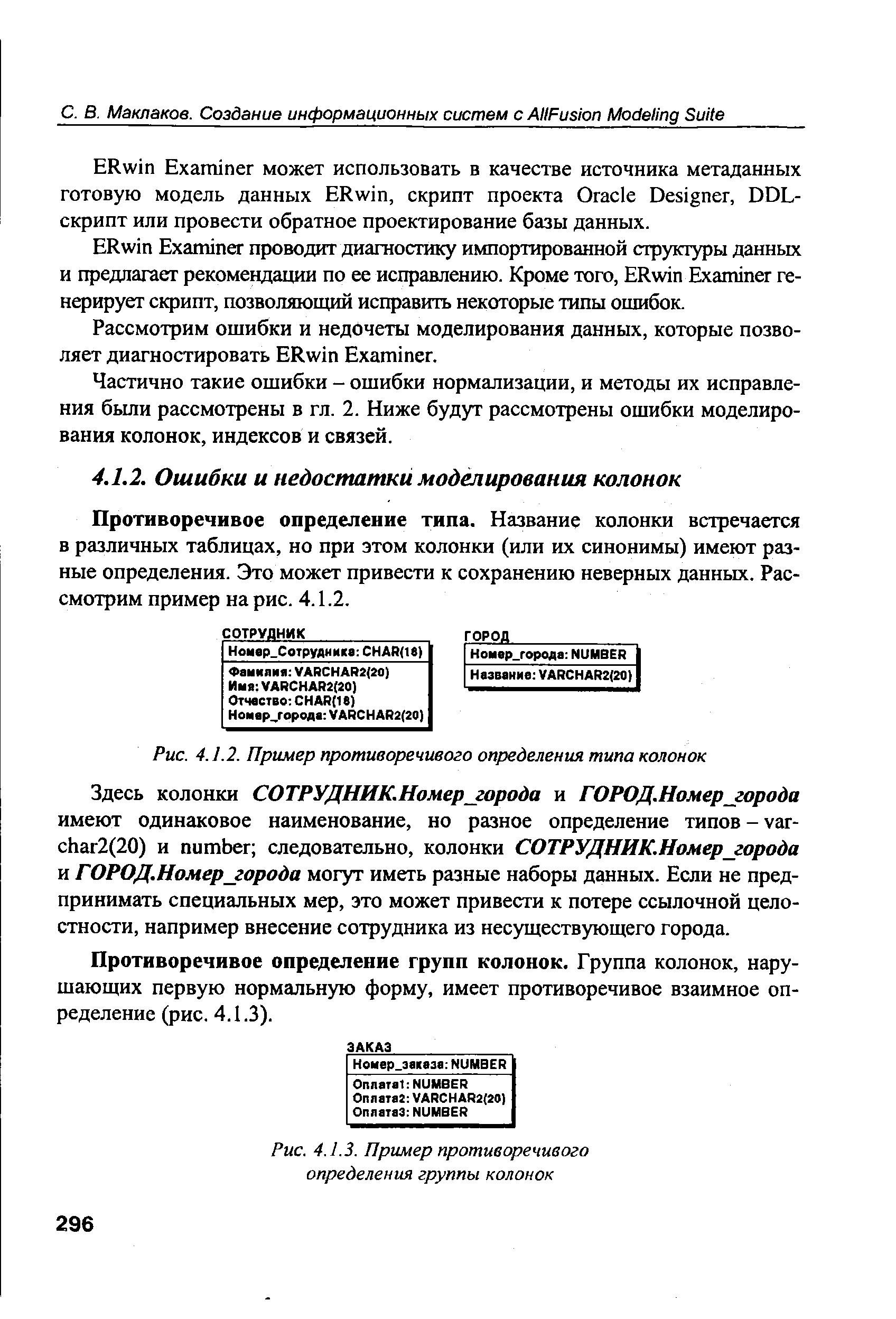 Противоречивое определение типа. Название колонки встречается в различных таблицах, но при этом колонки (или их синонимы) имеют разные определения. Это может привести к сохранению неверных данных. Рассмотрим пример на рис. 4.1.2.
