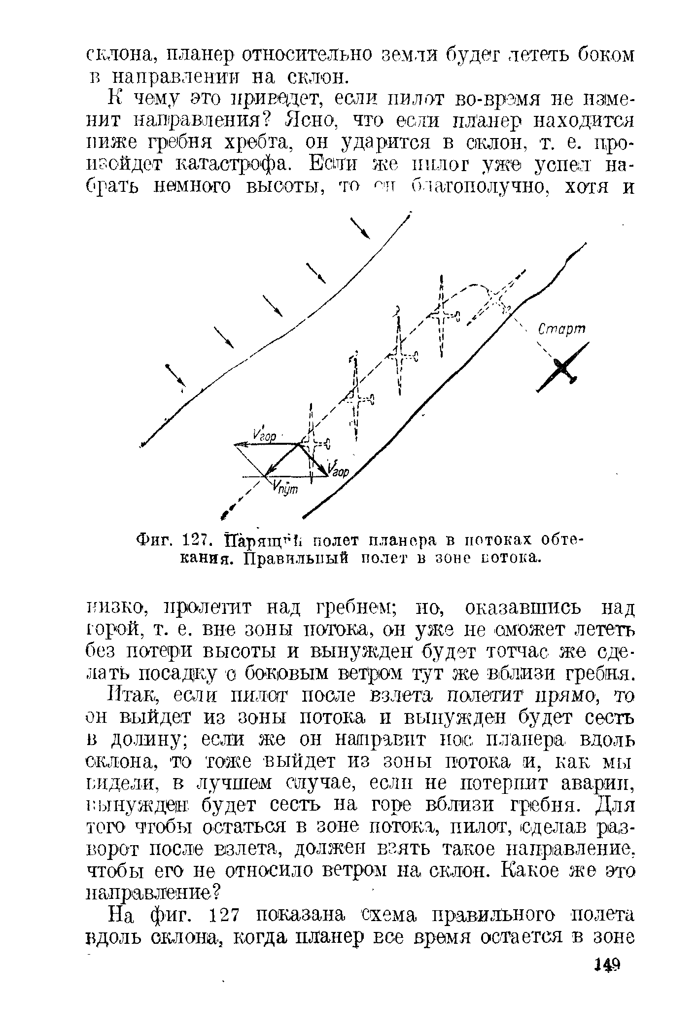 иролешт над гребнем но, оказавшись над горой, т. е. вне зоны потока, он уже не сможет лететь без потери высоты и вынужден будет тотчас же сделать посадку о боковым ветром тут же вблизи гребня.
