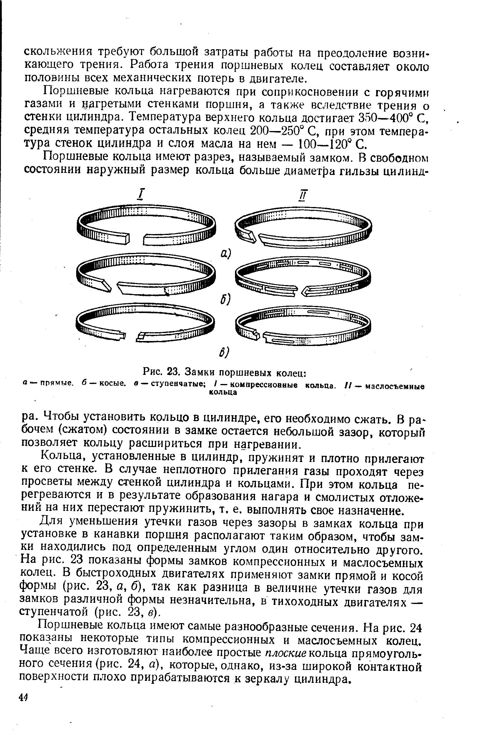 Рис. 23. Замки поршневых колец а прямые, б — косые, в — ступенчатые / — компрессиоаеые кольца. // — маслосъемные
