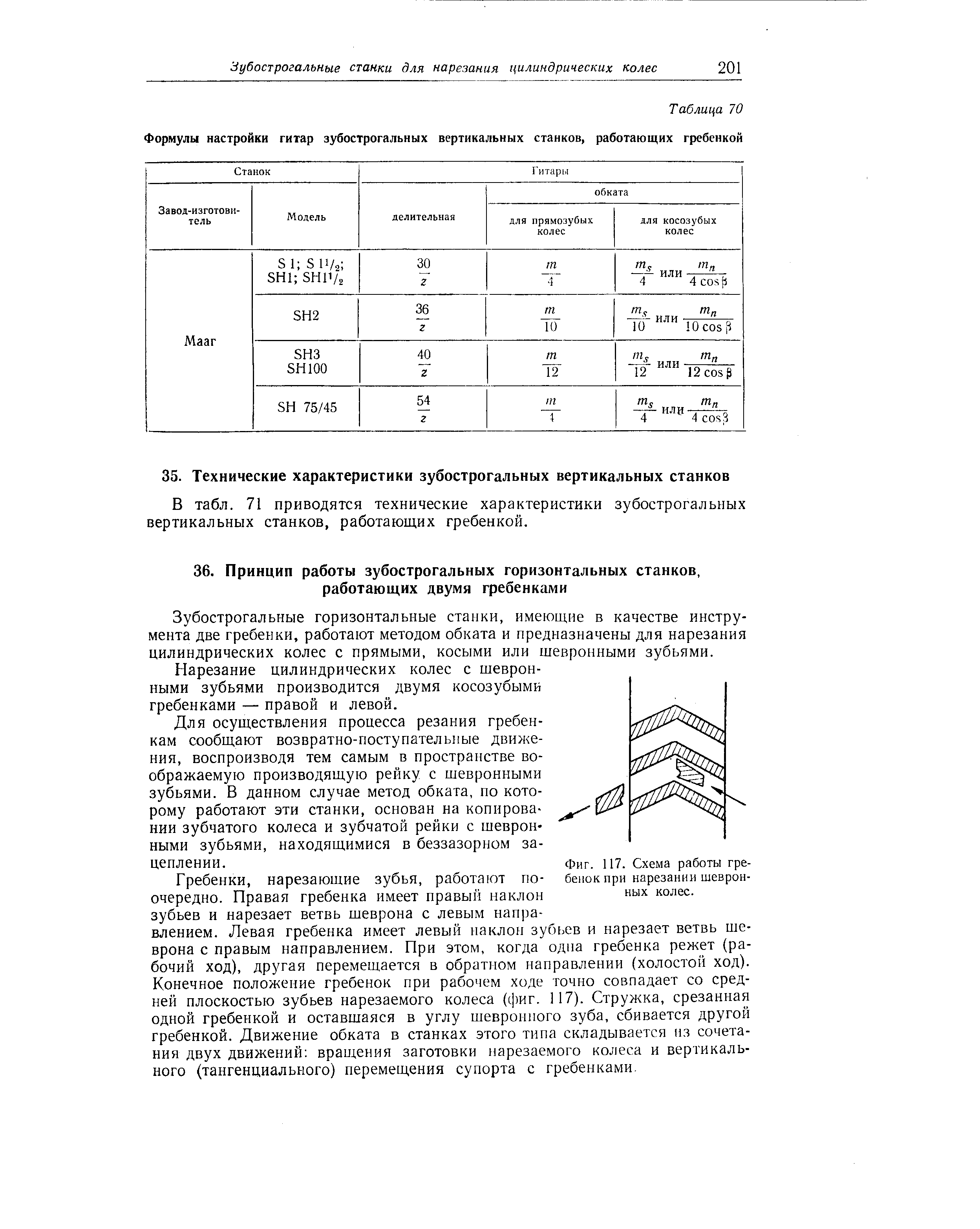 В табл. 71 приводятся технические характеристики зубострогальных вертикальных станков, работающих гребенкой.
