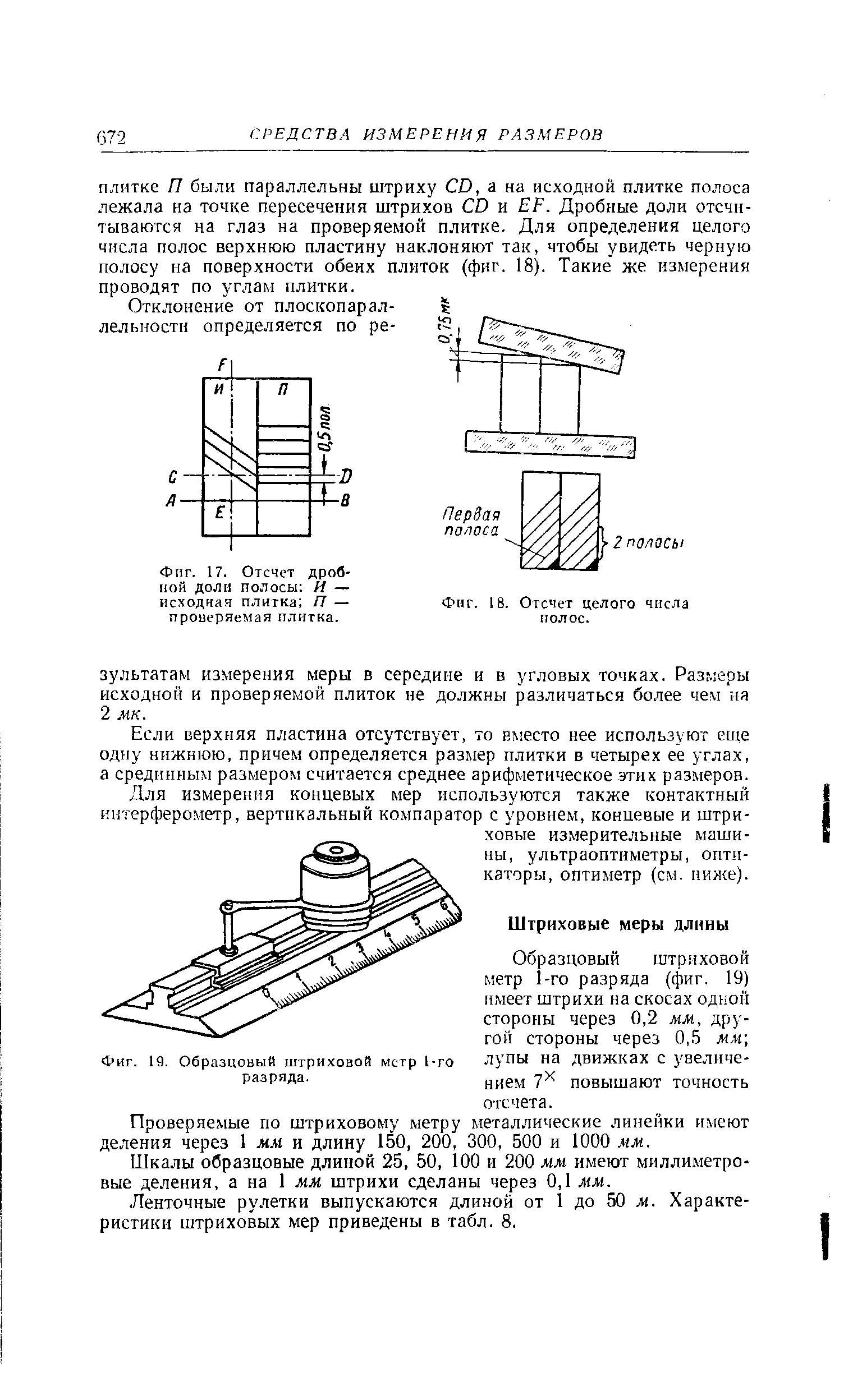 Образцовый штриховой метр 1-го разряда (фиг, 19) имеет штрихи на скосах одной стороны через 0,2 мм, другой стороны через 0,5 мм лупы на движках с увеличением 7 повышают точность отсчета.
