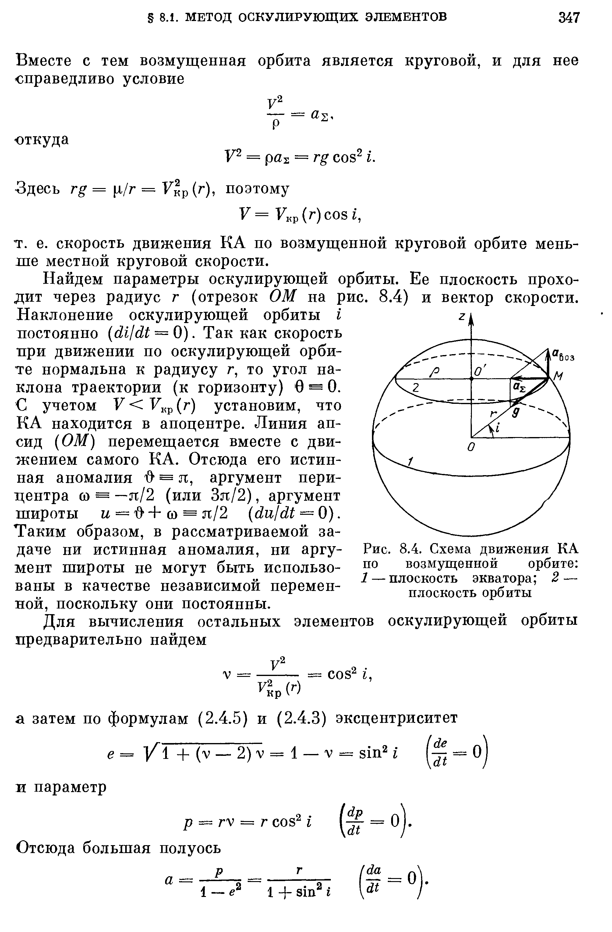 Найдем параметры оскулирующей орбиты. Ее плоскость проходит через радиус г (отрезок ОМ на рис. 8.4) и вектор скорости. Наклонение оскулирующей орбиты i постоянно (di/dt = 0). Так как скорость тхри движении по оскулирующей орбите нормальна к радиусу г, то угол наклона траектории (к горизонту) 0 = 0.
