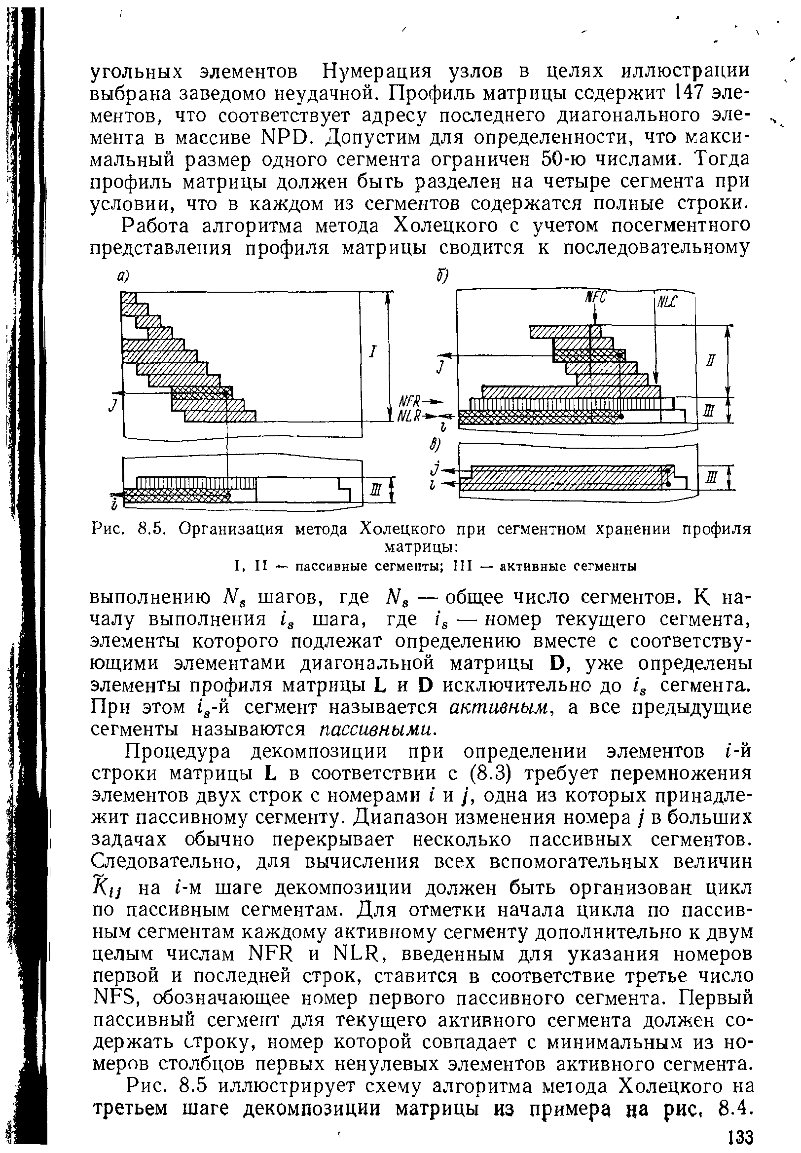 Процедура декомпозиции при определении элементов t-й строки матрицы L в соответствии с (8.3) требует перемножения элементов двух строк с номерами t и /, одна из которых принадлежит пассивному сегменту. Диапазон изменения номера j в больших задачах обычно перекрывает несколько пассивных сегментов. Следовательно, для вычисления всех вспомогательных величин Кц на t-M шаге декомпозиции должен быть организован цикл по пассивным сегментам. Для отметки начала цикла по пассивным сегментам каждому активному сегменту дополнительно к двум целым числам NFR и NLR, введенным для указания номеров первой и последней строк, ставится в соответствие третье число NFS, обозначающее номер первого пассивного сегмента. Первый пассивный сегмент для текущего активного сегмента должен содержать строку, номер которой совпадает с минимальным из номеров столбцов первых ненулевых элементов активного сегмента.
