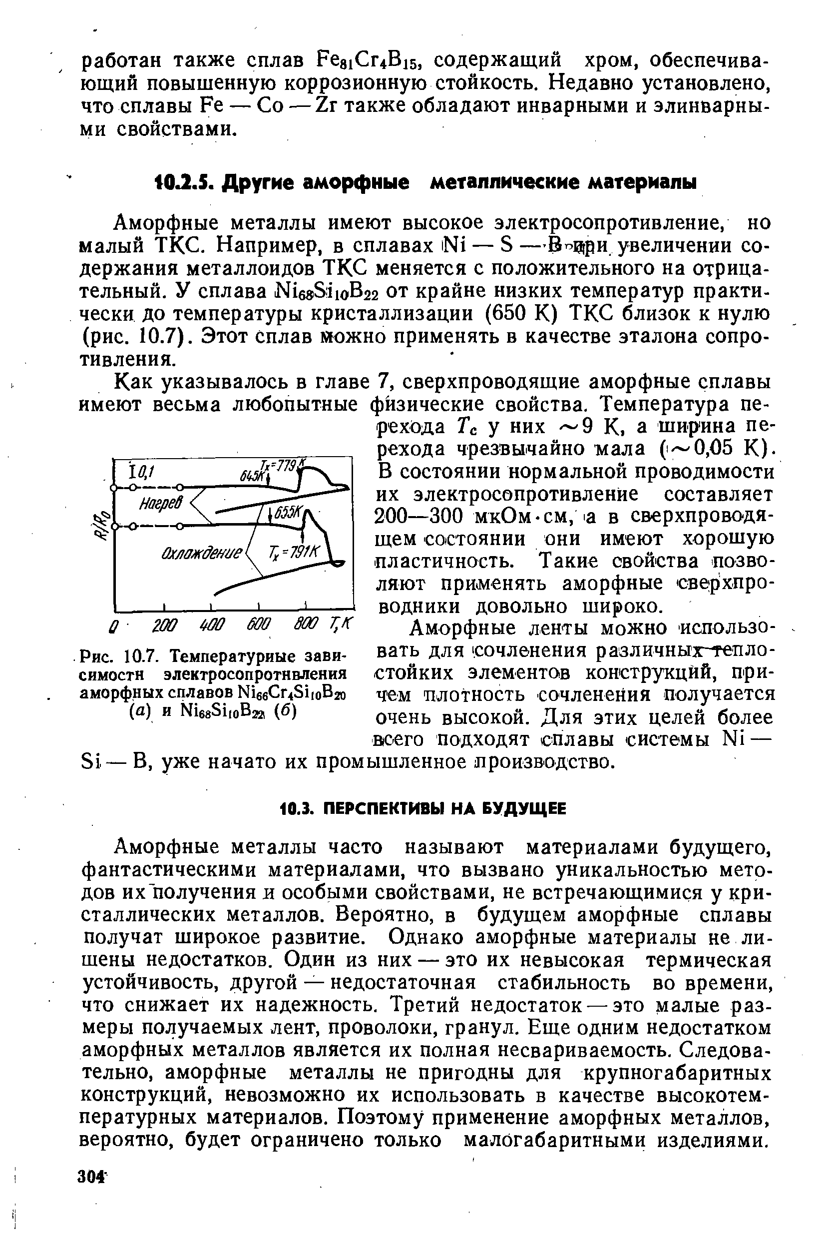 Аморфные металлы имеют высокое электросопротивление, но малый ТКС. Например, в сплавах iNi — S—В .ijpи увеличении содержания металлоидов ТКС меняется с положительного на отрицательный. У сплава Ni6 S iioB22 от крайне низких температур практически до температуры кристаллизации (650 К) ТКС близок к нулю (рис. 10.7). Этот Сплав можно применять в качестве эталона сопротивления.
