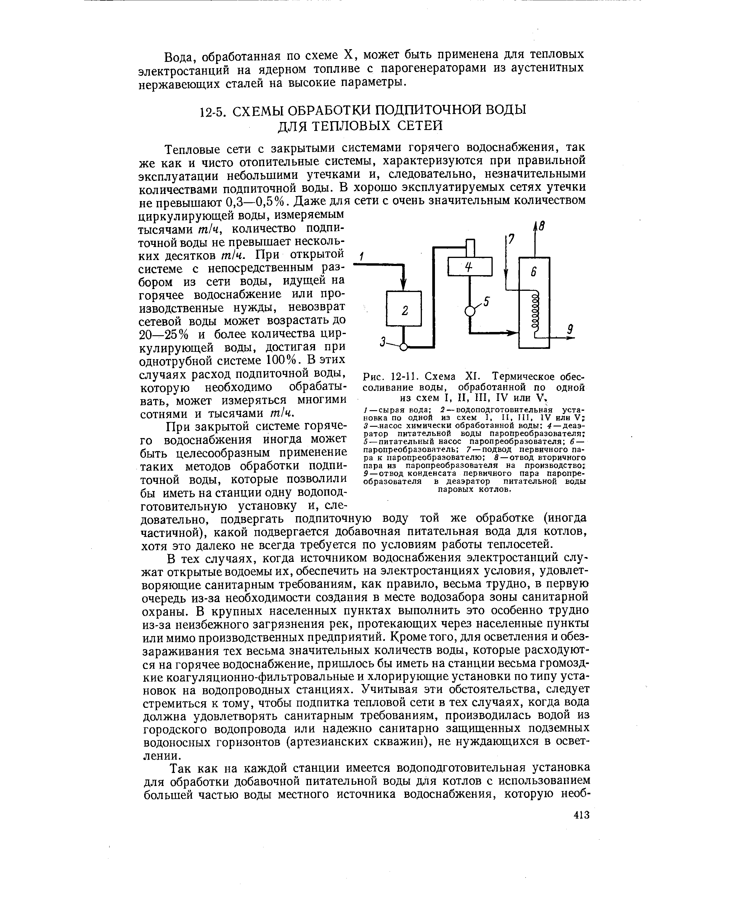 Рис. 12-11. Схема XI. Термическое обессоливание воды, обработанной по одной из схем I, II, III, IV или V.
