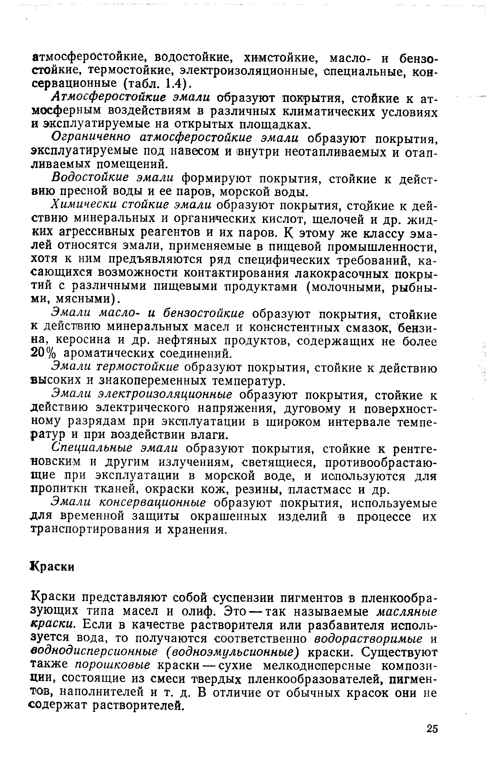 Краски представляют собой суспензии пигментов в пленкообразующих типа масел и олиф. Это — так называемые масляные краски. Если в качестве растворителя или разбавителя используется вода, то получаются соответственно водорастворимые и воднодисперсионные (водноэмульсионные) краски. Существуют также порошковые краски — сухие мелкодисперсные композиции, состоящие из смеси твердых пленкообразователей, пигментов, наполнителей и т. д. В отличие от обычных красок они не содержат растворителей.
