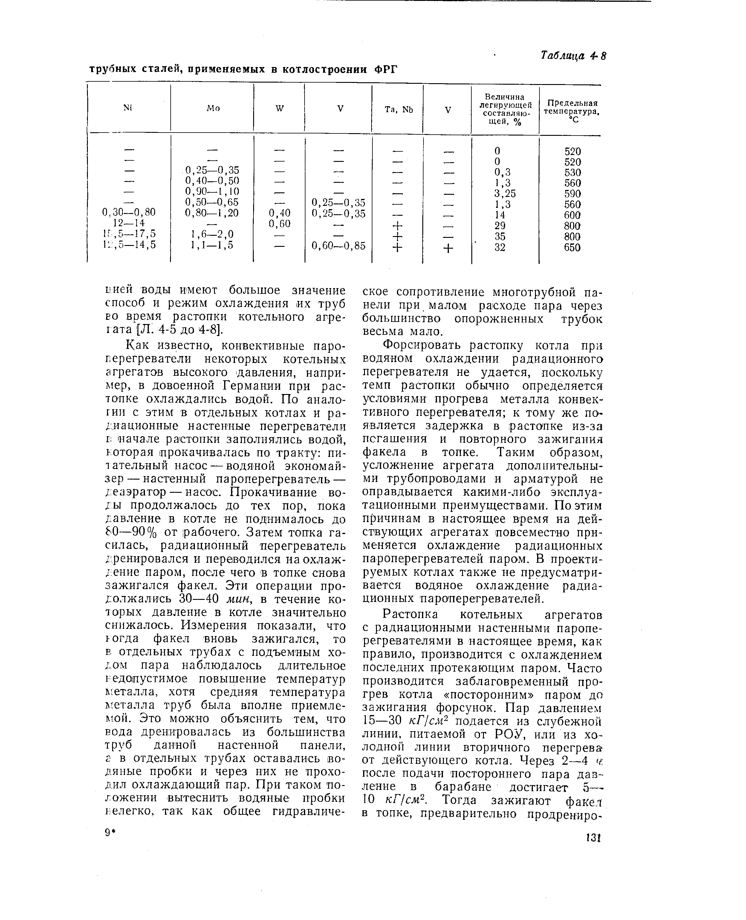 Форсировать растопку котла при водяном охлаждении радиациоиного перегревателя не удается, поскольку темп растопки обычно определяется условиями прогрева металла конвективного перегревателя к тому же появляется задержка в растопке из-за погашения и повторного зажигания факела в топке. Таким образом, усложнение агрегата дополнительными трубопроводами и арматурой не оправдывается какими-либо эксплуатационными преимуществами. По этим причинам в настоящее время на действующих агрегатах повсеместно применяется охлаждение радиационных пароперегревателей паром. В проектируемых котлах также не предусматривается водяное охлаждение радиационных пароперегревателей.
