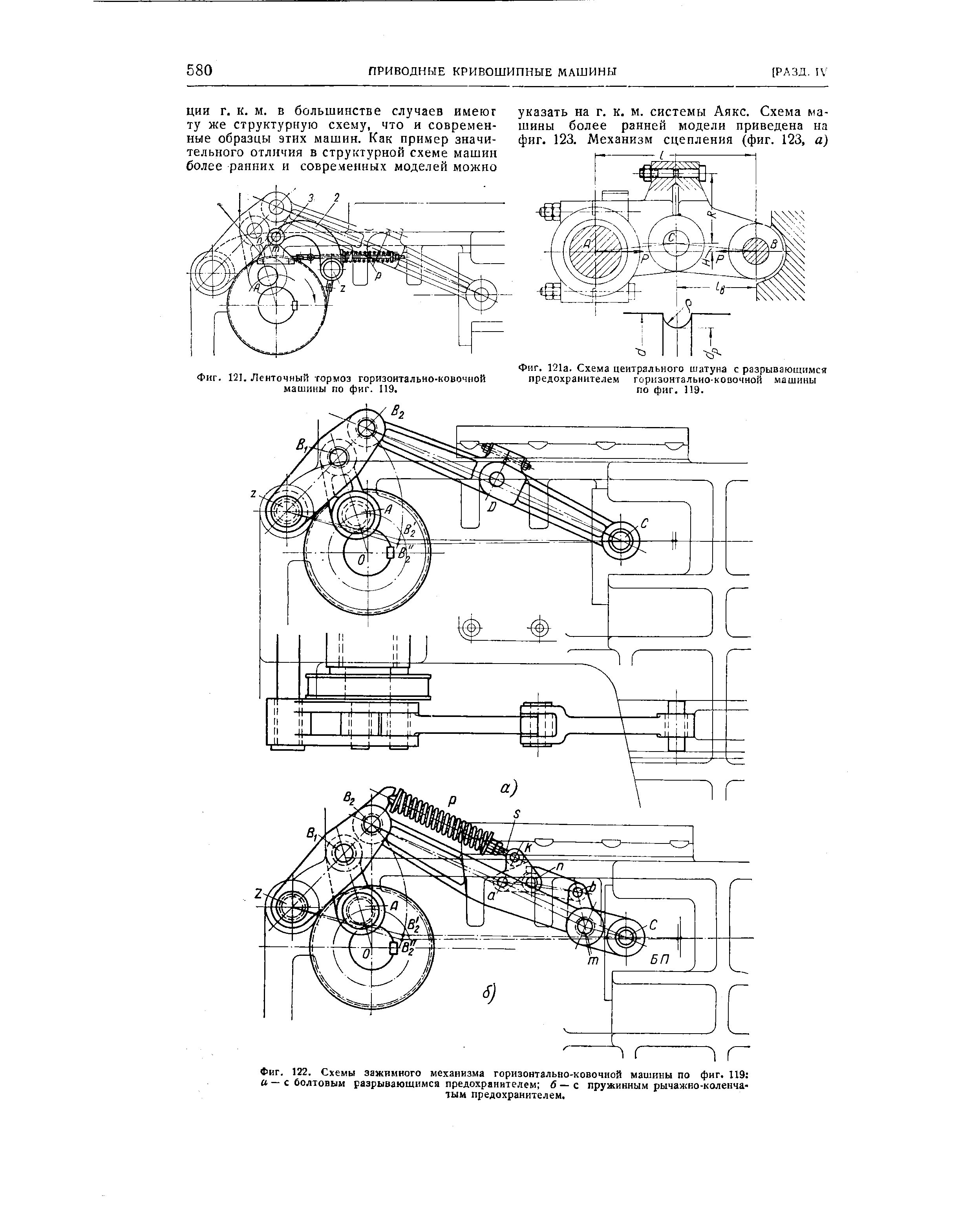 Фиг. 122. Схемы <a href="/info/433285">зажимного механизма горизонтально-ковочной</a> машины по фиг. 119 а — с болтовым разрываюшимса предохранителем б — с пружинным рычажно-коленчатым предохранителем.
