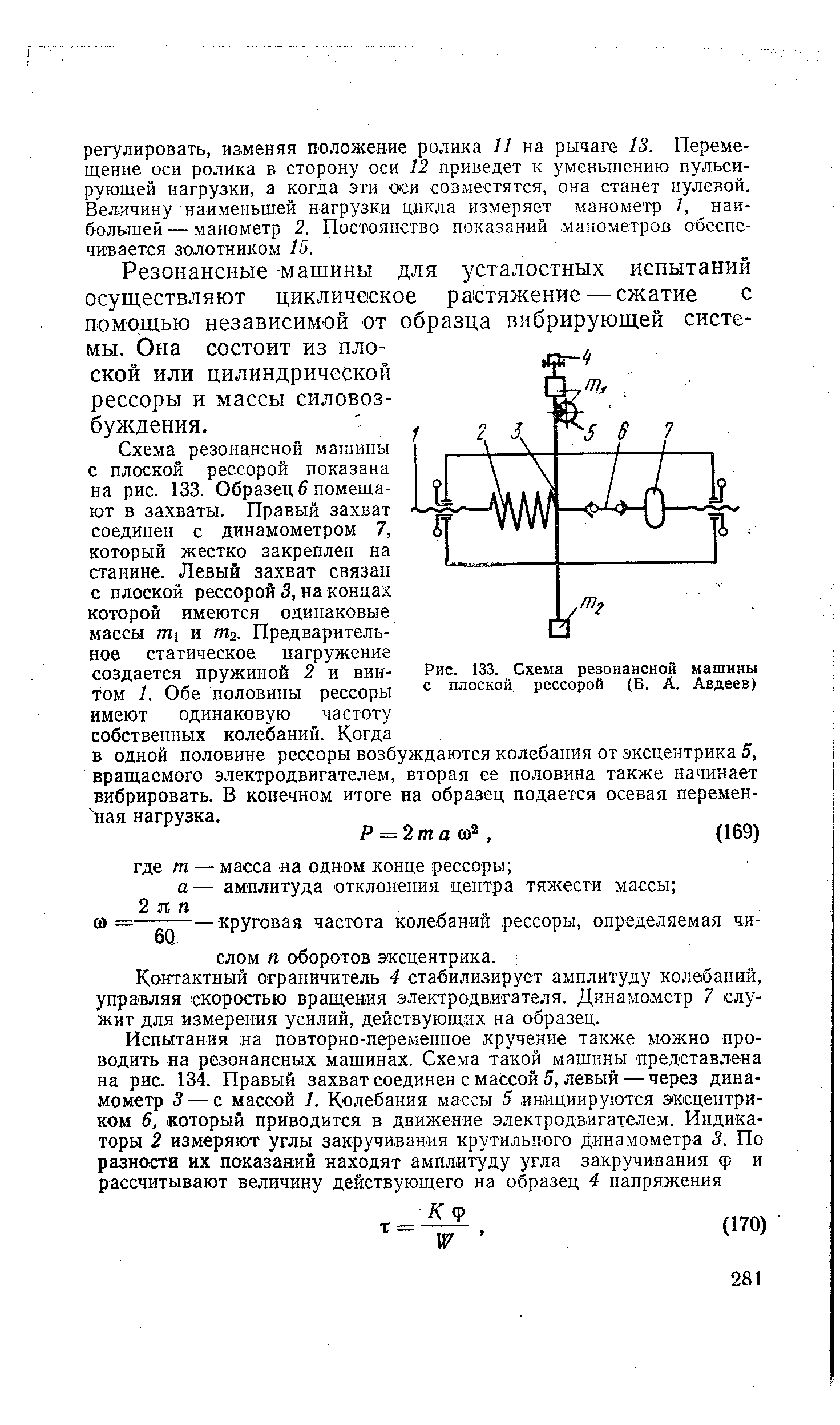 Рис. 133. Схема резонансной машины с плоской рессорой (Б. А. Авдеев)
