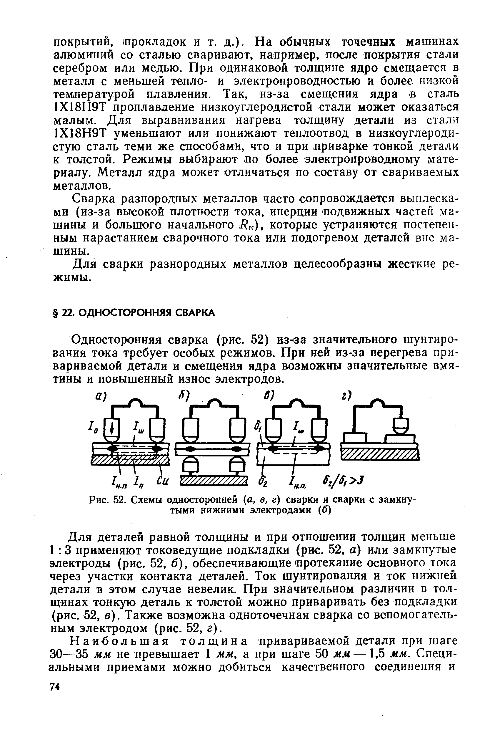 Рис. 52. Схемы односторонней (а, в, г) сварки и сварки с замкнутыми нижними электродами (б)
