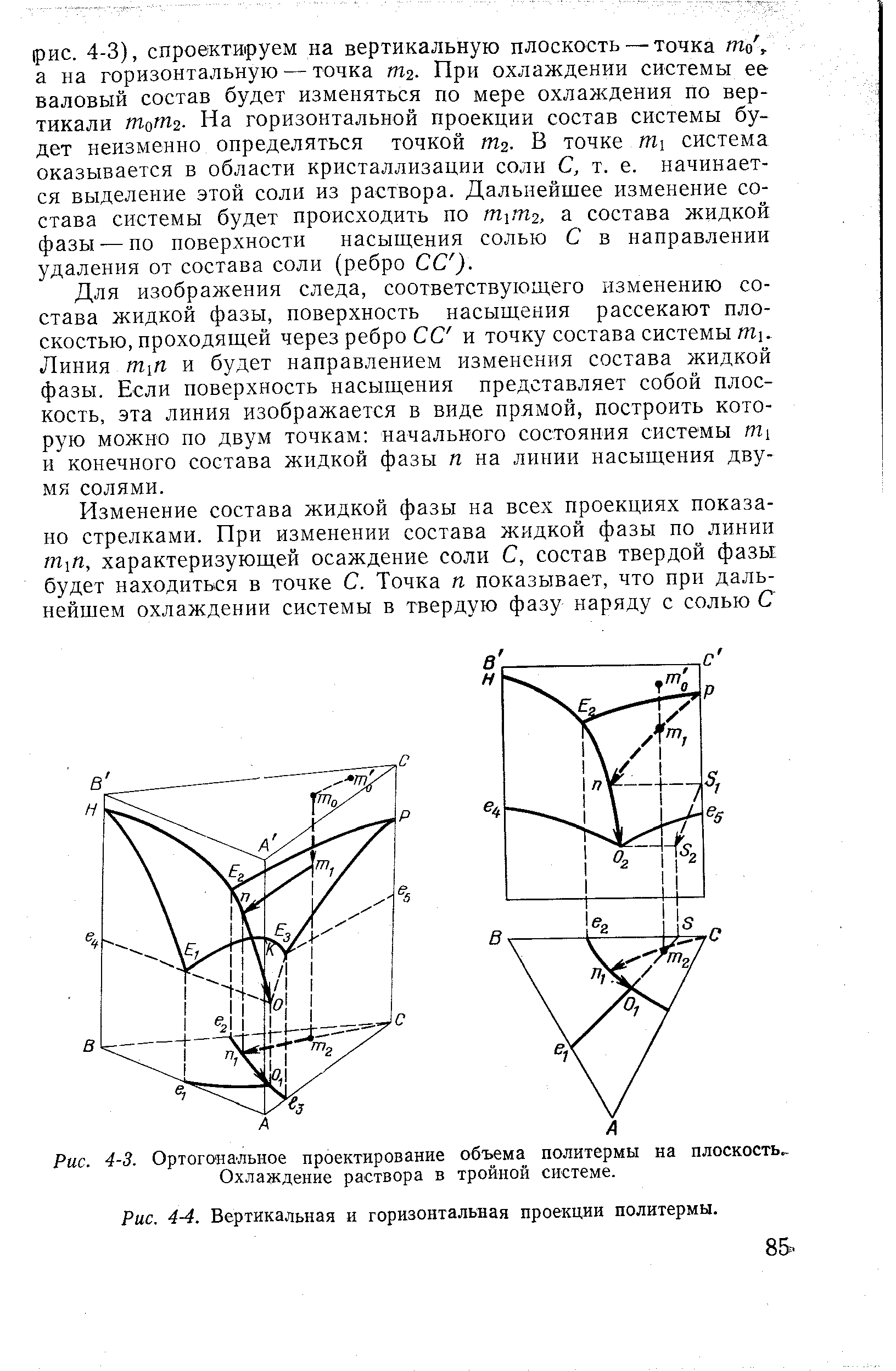 Рис. 4-3. Ортогональное проектирование объема политермы на плоскость Охлаждение раствора в тройной системе.
