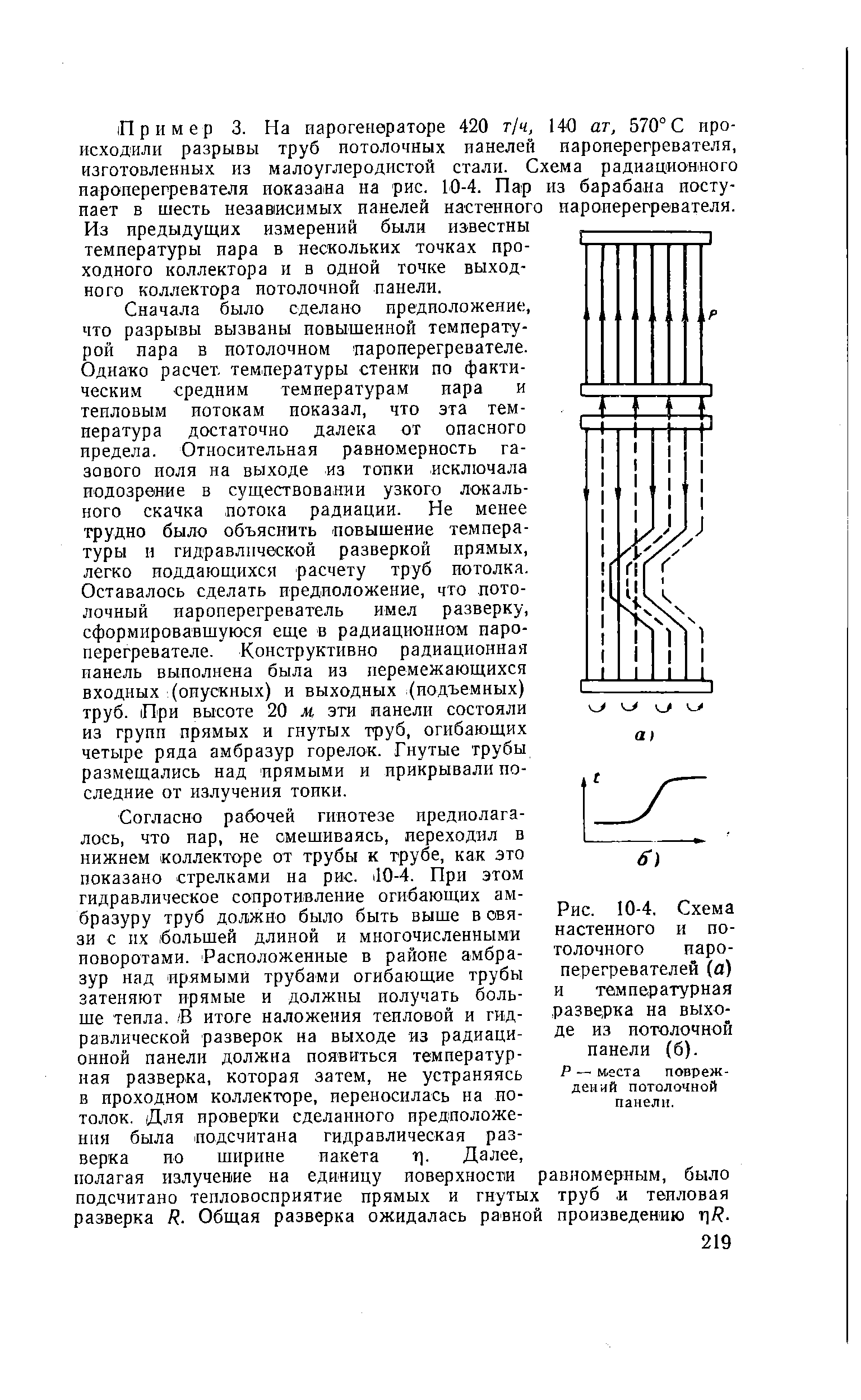 Рис. 10-4, Схема настенного и потолочного иаро-перегревателей (а) и температурная разверка на выходе из потолочной панели (б).
