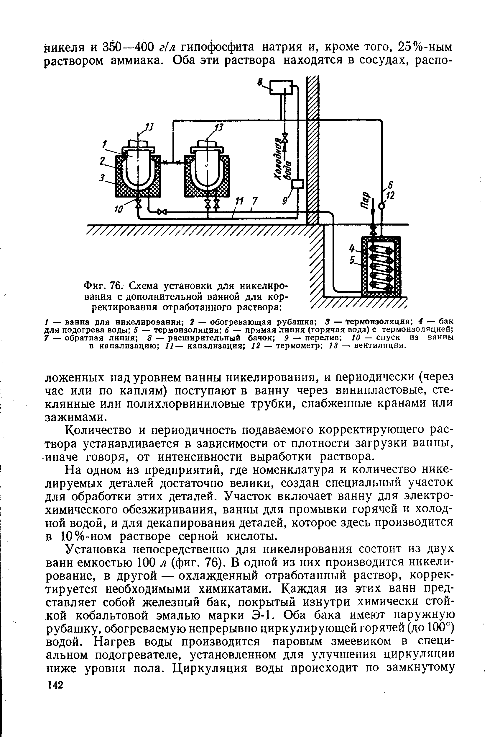 Фиг. 76. Схема установки для никелирования с дополнительной ванной для корректирования отработанного раствора 
