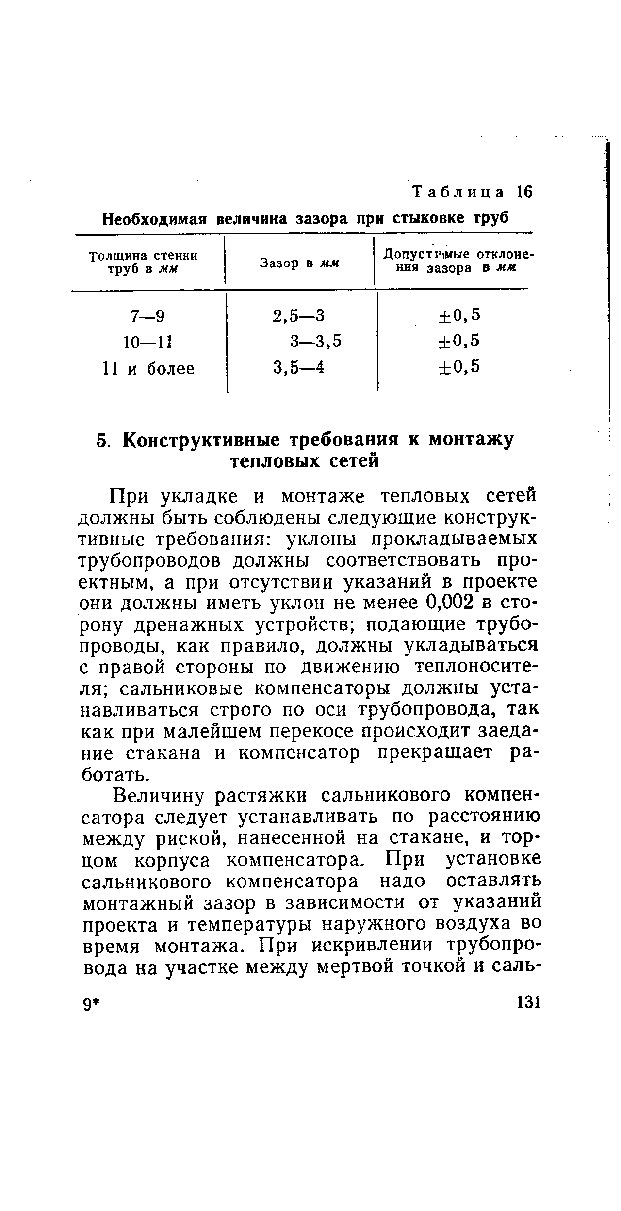 При укладке и монтаже тепловых сетей должны быть соблюдены следующие конструктивные требования уклоны прокладываемых трубопроводов должны соответствовать проектным, а при отсутствии указаний в проекте они должны иметь уклон не менее 0,002 в сторону дренажных устройств подающие трубопроводы, как правило, должны укладываться с правой стороны по движению теплоносителя сальниковые компенсаторы должны устанавливаться строго по оси трубопровода, так как при малейшем перекосе происходит заедание стакана и компенсатор прекращает работать.
