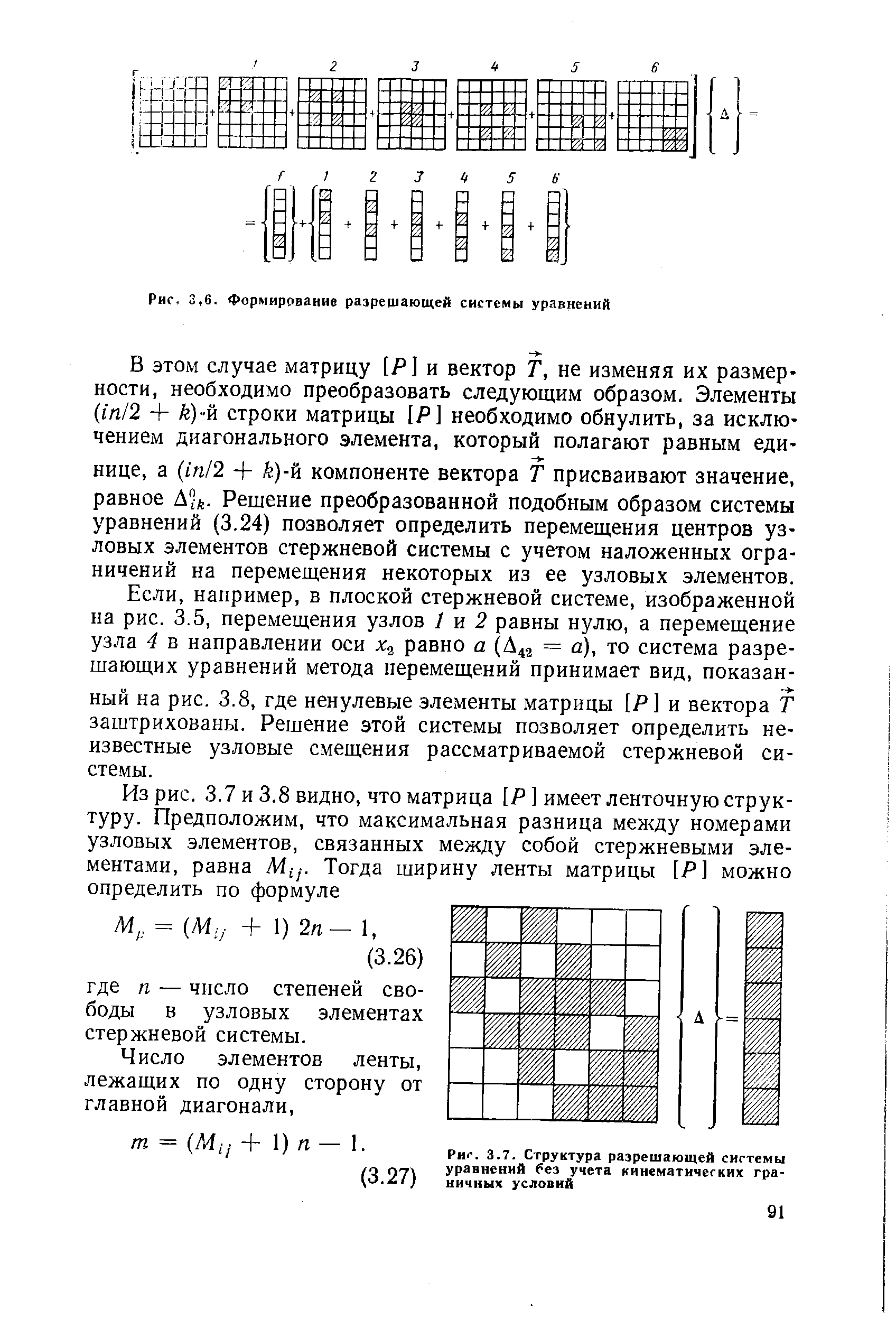 например, в плоской стержневой системе, изображенной на рис. 3.5, перемещения узлов и 2 равны нулю, а перемещение узла 4 в направлении оси равно а (А42 = а), то система разрешающих уравнений метода перемещений принимает вид, показанный на рис. 3.8, где ненулевые элементы матрицы [Р] и вектора Т заштрихованы. Решение этой системы позволяет определить неизвестные узловые смещения рассматриваемой стержневой системы.
